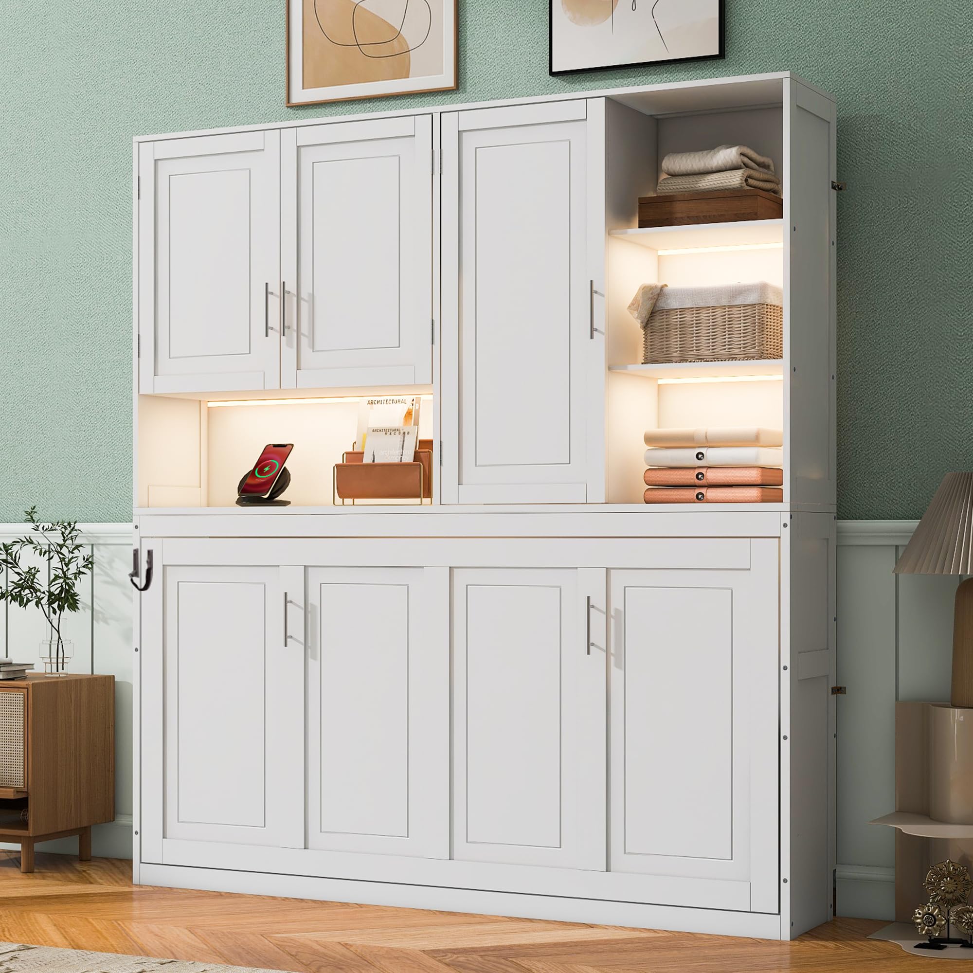 DNYN Twin Size Murphy Bed with Top Cabinets and LED for Bedroom/Guest/Study Room, Foldable Wall Bed Frame with USB and Storage Shelves, Space-Saving & No Box Spring Needed