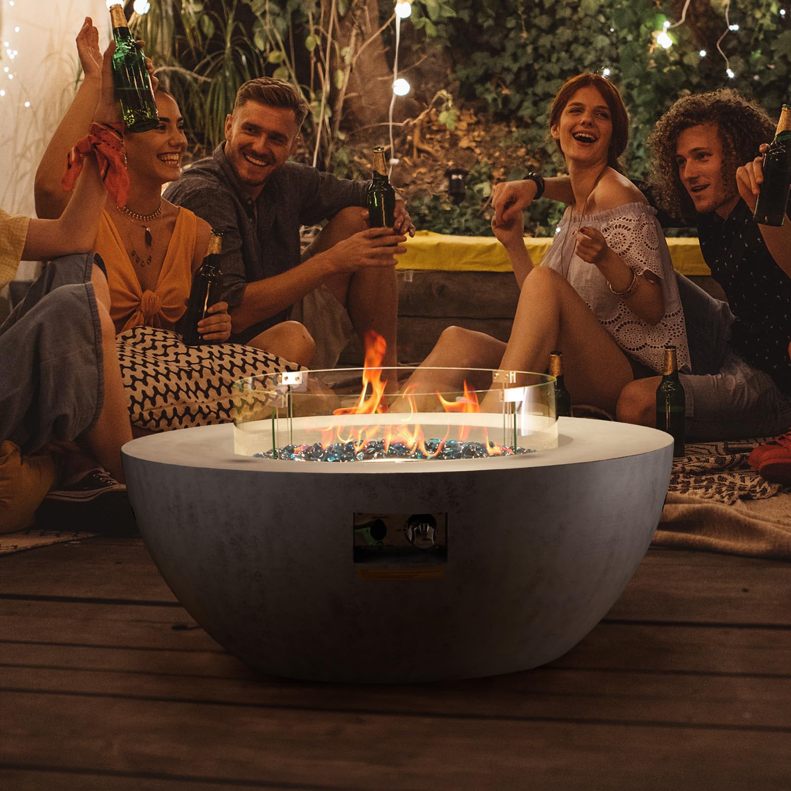 VEVOR Propane Fire Pit, Outdoor Concrete Gas Fire Pit, 39 in Tabletop with Lava Rocks, Lid,Rain Cover,Adjust Flame Height Camping Firepit for Heating, Lighting, 50000 BTU