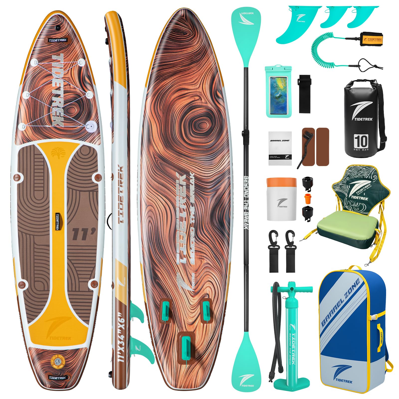 TIDETREK 11'/11'6" x 33"/34" x 6" Inflatable SUP Paddle Board – Extra-Wide, Stable Stand Up Paddle Board with Premium Full Accessory Set for Adults & Youth (Earth Pulse/Kayak Seat, 11'x34 x6)