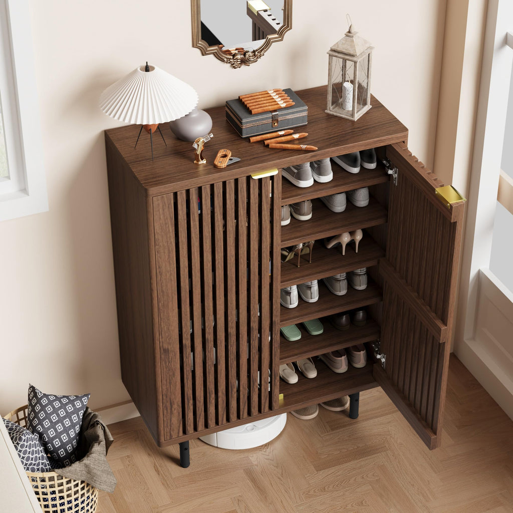 MilleLoom 6-Tier Shoe Cabinet with Doors, Wooden Shoe Storage Cabinet Organizer, Louvered Doors, Freestanding Narrow Entryway & Hallway Shoe Rack, Holds 24 Pairs, Dark Walnut