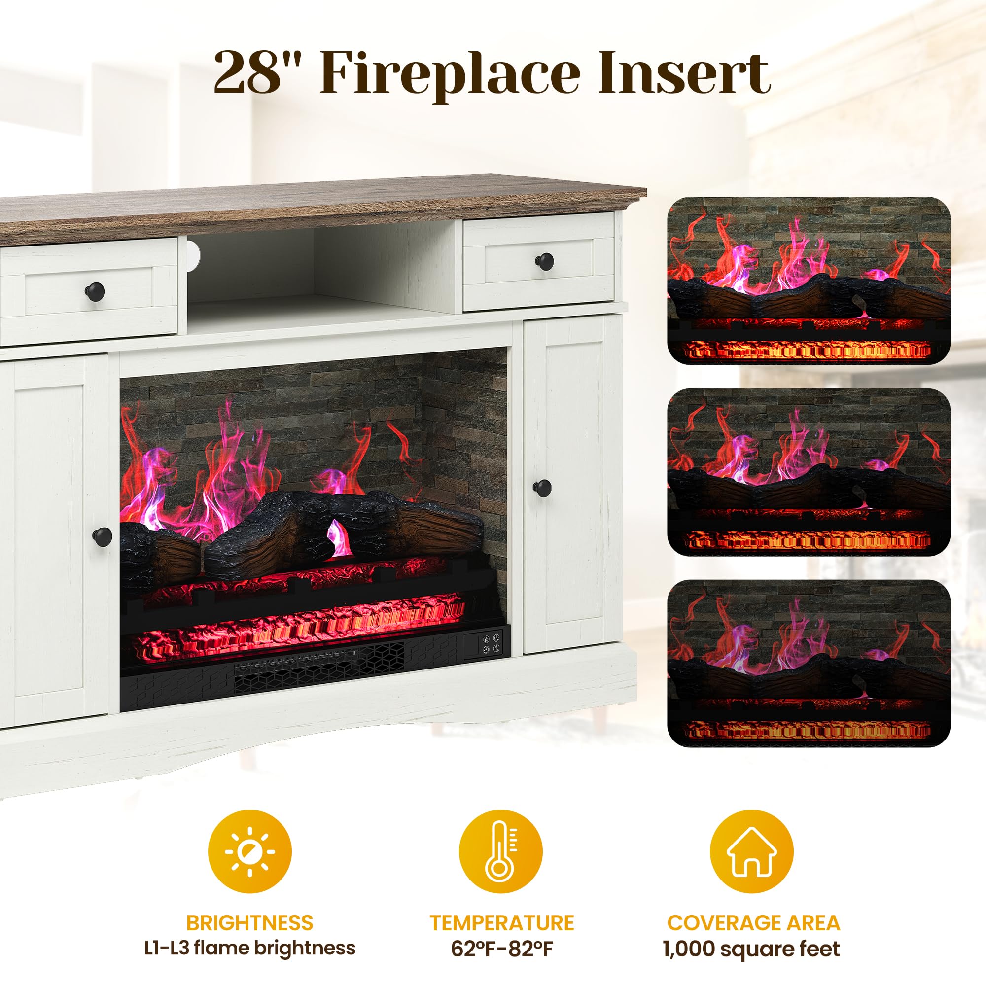 FansaFurn TV Stands with 28'' Electric Fireplace, Media Console Table with Adjustable Shelves & Double-Door, Entertainment Center for TVs up to 55'' for Living Room, White and Rustic Oak
