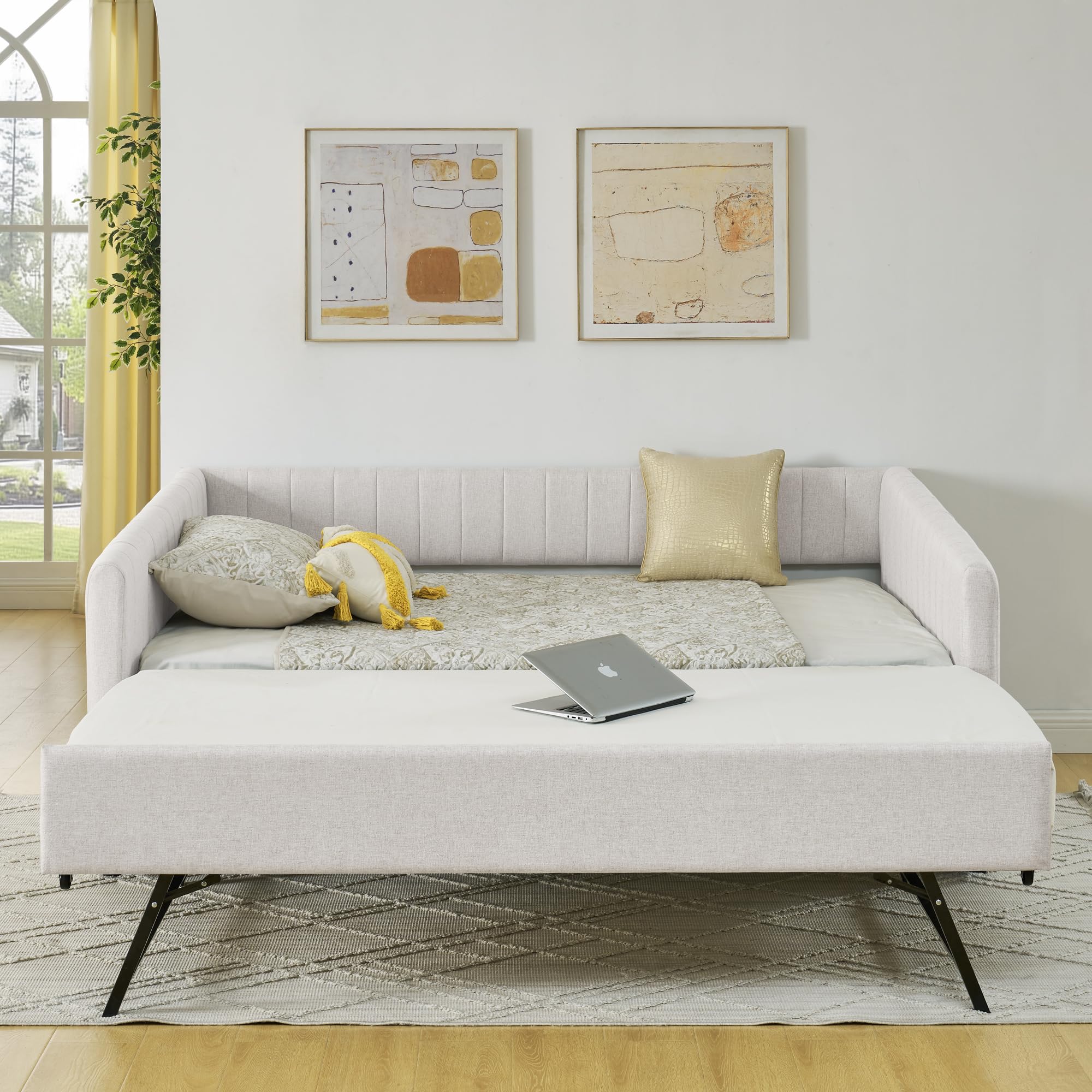 Ball & Cast Full Size Daybed with Pop up Trundle,Linen Upholstered Day Bed Frame with Channel Tufted Backrest & Armrest,Extendable Trundle Bed,Full to King Design,Easy Assembly,Black