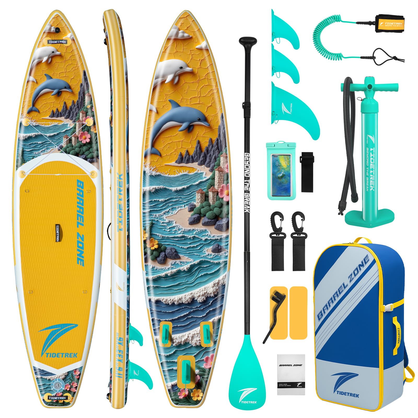TIDETREK 11'/11'6" x 33"/34" x 6" Inflatable SUP Paddle Board – Extra-Wide, Stable Stand Up Paddle Board with Premium Full Accessory Set for Adults & Youth (Sunny Wave, 11'6"x33"x6")