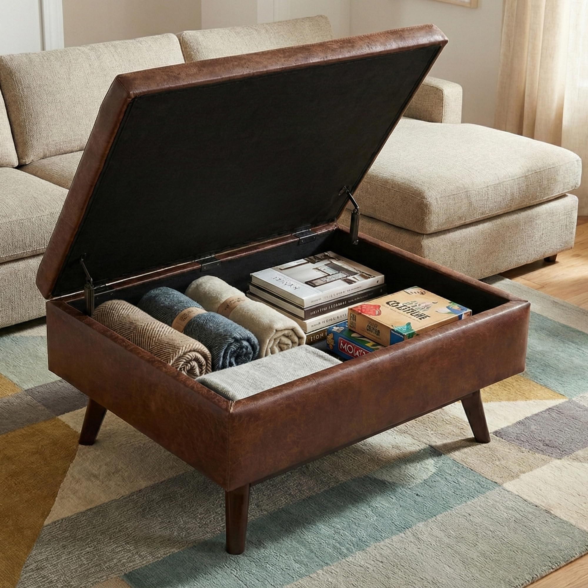 SIMPLIHOME Owen Coffee Table Storage Ottoman - 34" Wide x 19" High Upholstered Vegan Leather Rectangular Lift-Top Ottoman in Distressed Saddle Brown, Mid-Century Modern Bench with Tapered Legs