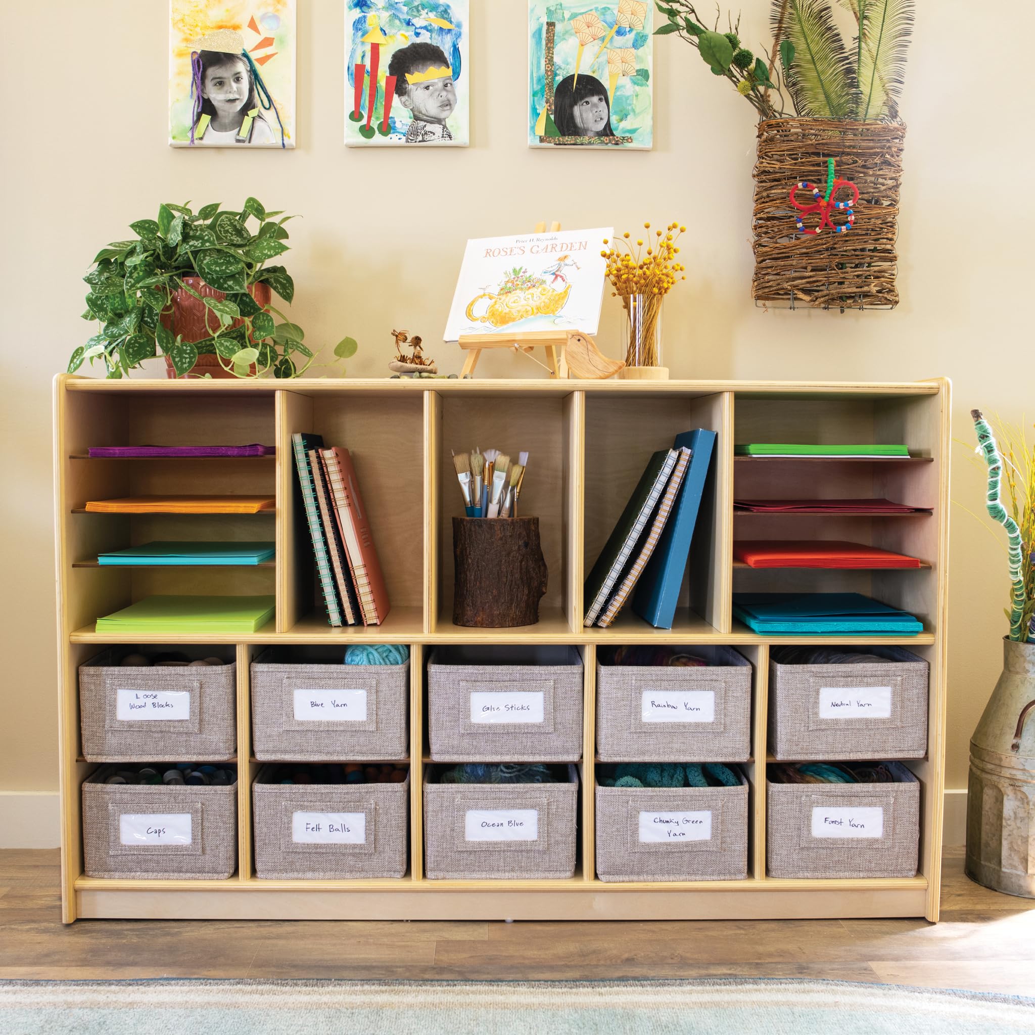 Guidecraft EdQ Shelves and 10 Bin Storage Unit- Natural: Multi-Functional Cube Storage Organizer or Bookcase, Wooden Cabinet for School and Home, Teacher's Book Cubby and Toy Shelf