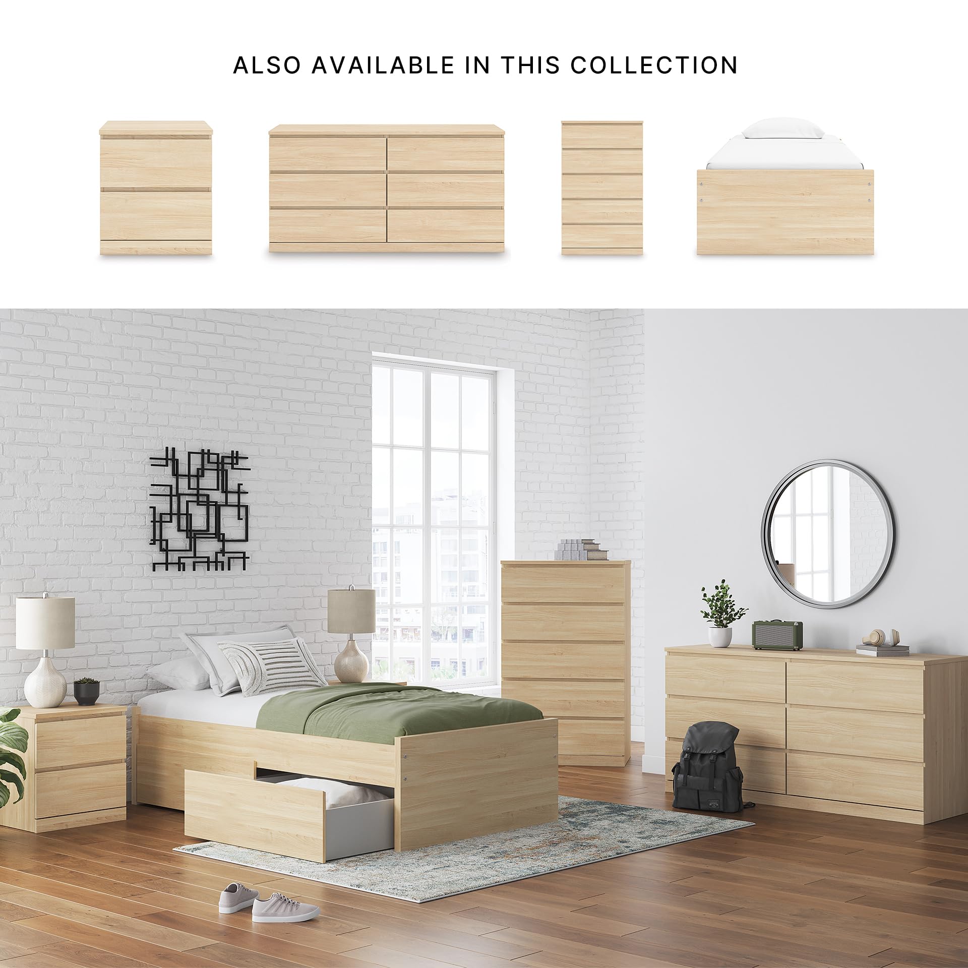 Signature Design by Ashley Onita Scandinavian 2-Drawer Twin Platform Bed with 1 Side Storage, Foundation or Box Spring Not Needed, Light Brown