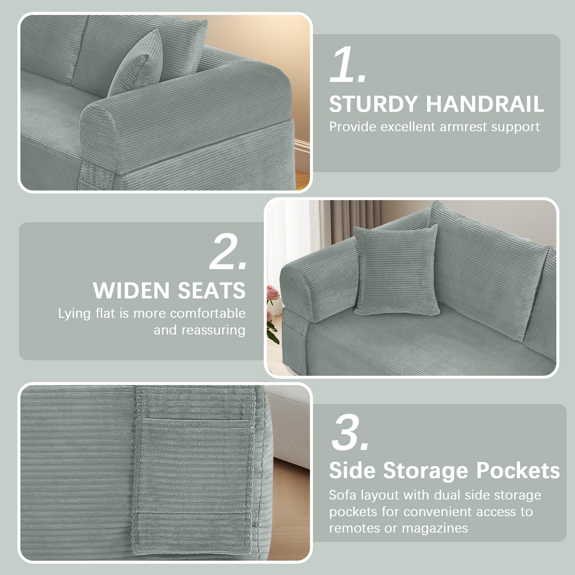 83" Modern Sofa in a Box, No Assembly Oversized 3 Seater 28" Deep Seat Cloud Sofa Bed Couch with 4 Furry Pillows & Corduroy Fabric, Boneless Couch with Side Storage Pockets for Living Room, Light grey