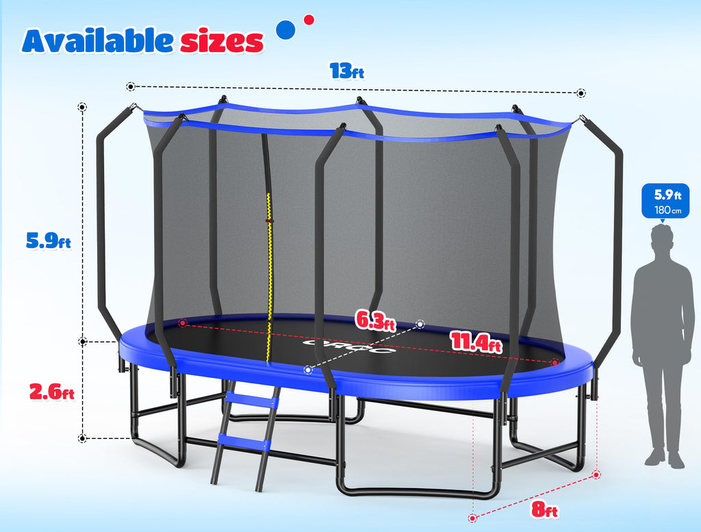 ORCC 8x13FT Oval Trampoline - Heavy Duty Kids & Gymnastics Trampoline with Reinforced Locking Bar, Outdoor Trampolines with Enclosure Net for Kids