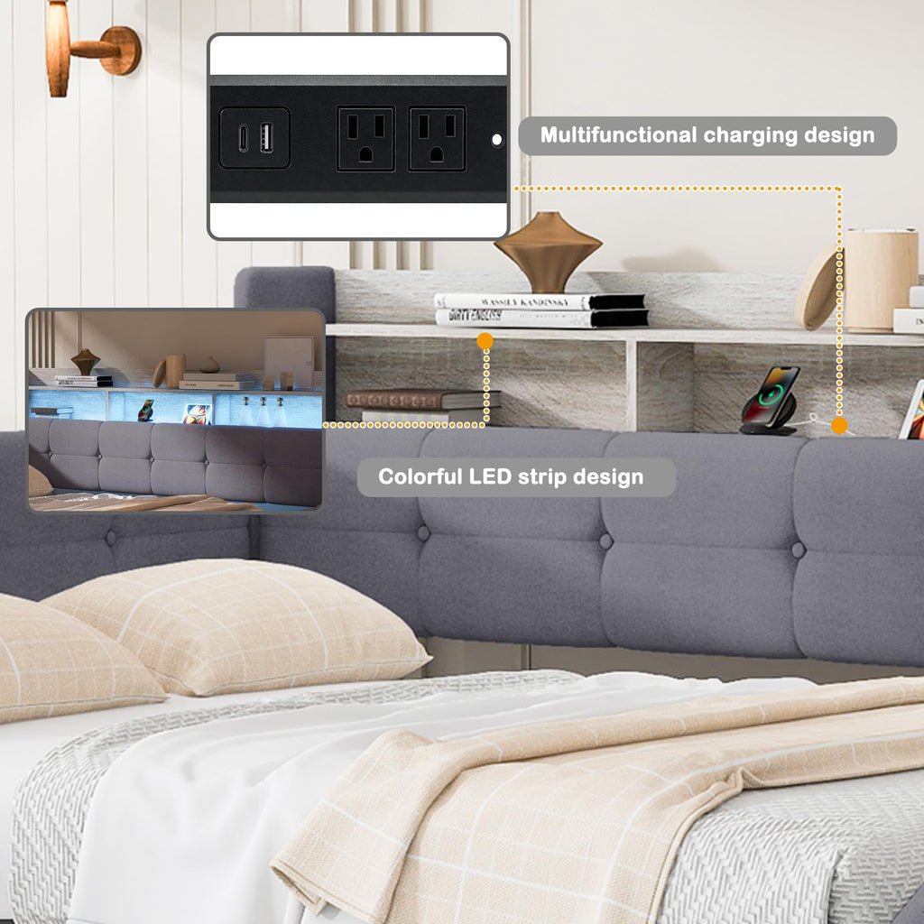 Merax Full Size Upholstered Daybed with Trundle and Storage Drawer, Headboard with Light, Shelves, USB Charging Station, Multi-Functional Bed for Guest Room, Living Room, No Box Spring Needed, Gray