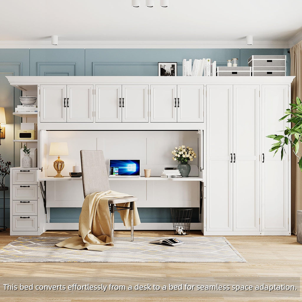 Merax Twin Size Murphy Bed with Desk, Multifunctional Wood Foldable Wall Bed with Wardrobe, Drawers and Cabinet, Space-Saving Hidden Bed for Guest Room Office, No Box Spring Needed, White
