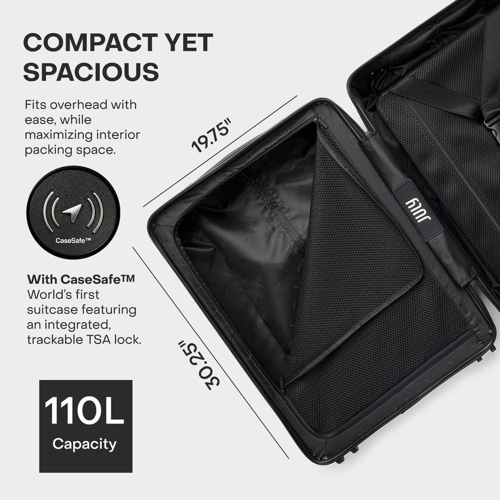 July Checked Plus with CaseSafe - 28.75" Built in Tracking, Airline Approved Check In Luggage with Wheels, Rolling Suitcase for Men & Women - Silent Spinner Wheels, Y-Strap - Dark Brown