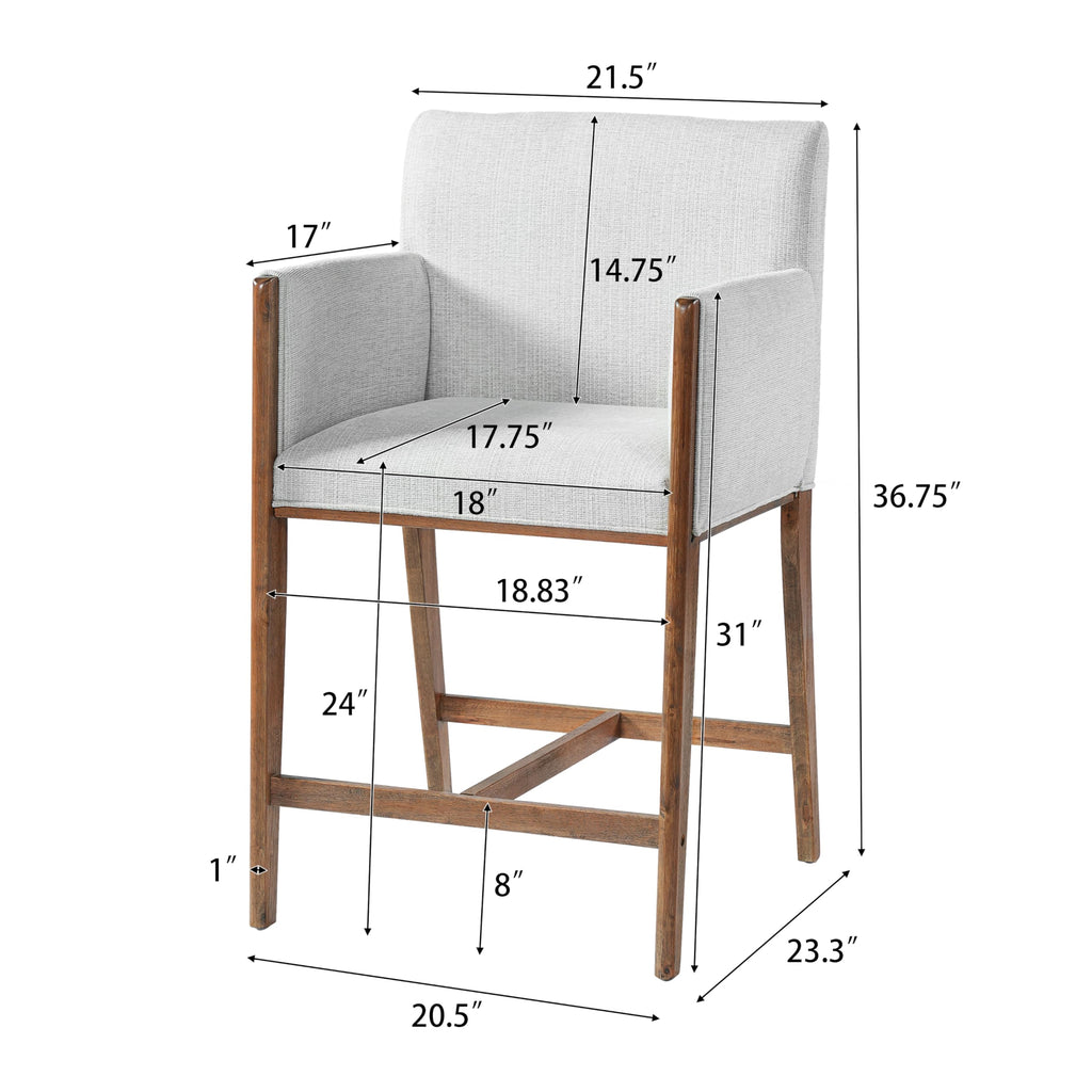 Christopher Knight Home Willer 24'' Comfy Upholstered Counter Height Bar Stools Set of 2, Counter Stools for Kitchen Island, Wood Dining Room Chair, Bar Stool with Footrest/Armrest, Walnut + Beige