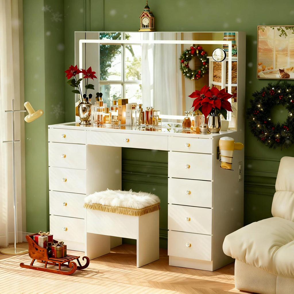 Pamapic Glass Top Vanity Desk with Crystal Handles, 11 Drawers Makeup Vanity with Mirror and Stool, 3 Lighting Modes Dressing Table, Power Outlet, Silent Slides, White