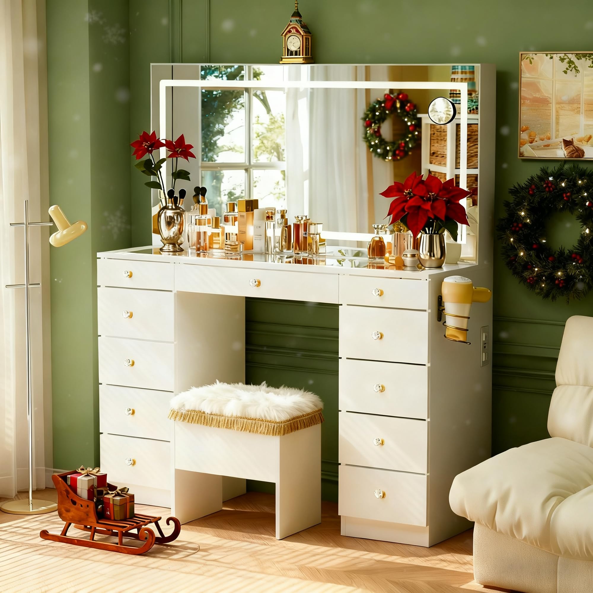 Pamapic Glass Top Vanity Desk with Crystal Handles, 11 Drawers Makeup Vanity with Mirror and Stool, 3 Lighting Modes Dressing Table, Power Outlet, Silent Slides, White