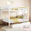 MERITLINE Wood Bunk Bed with Drawers, Convertible Bunk Bed with Ladders and Two Storage Drawers, Solid Wood Detachable Bedframe with Guardrails, Twin Over Twin, White