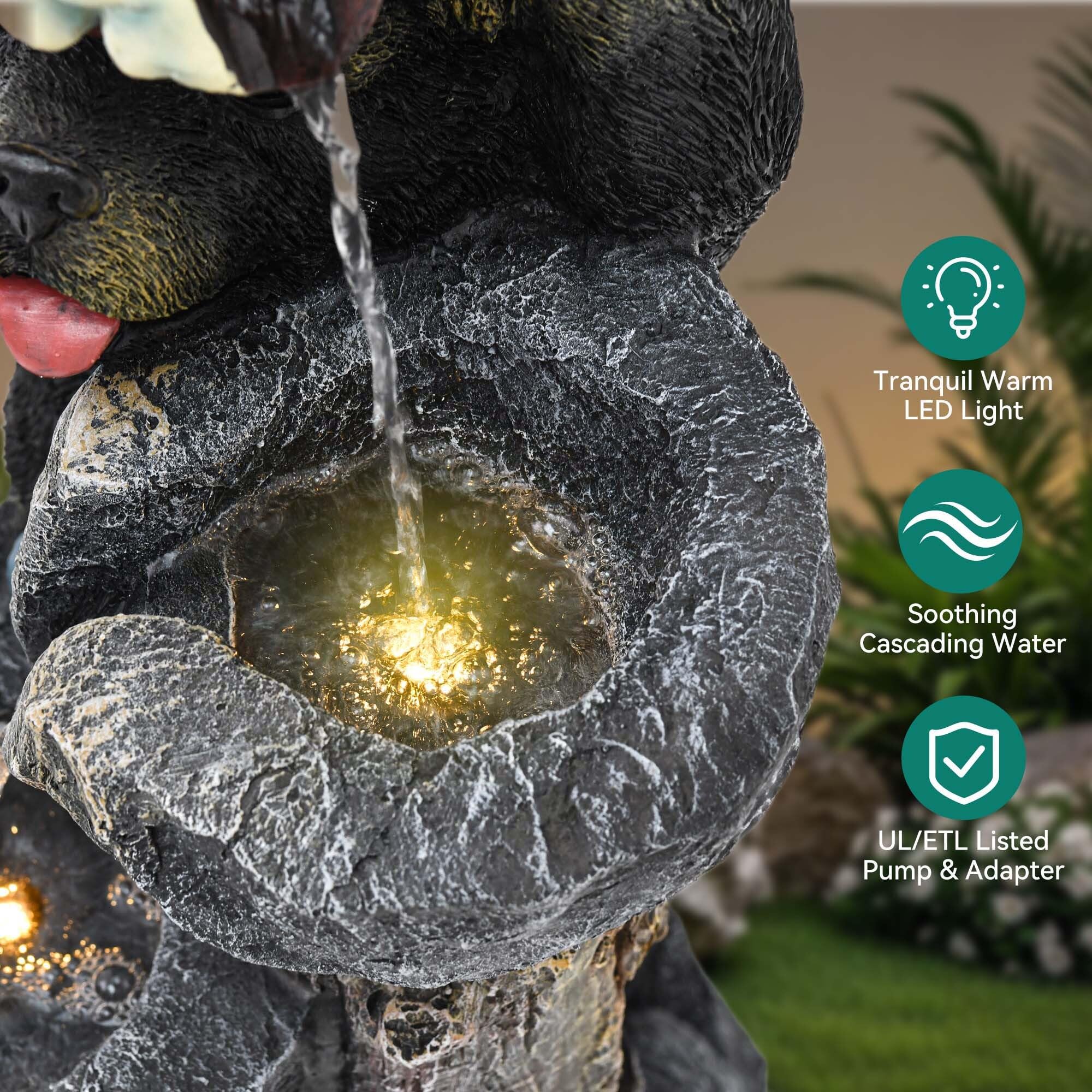 Ultym 37.5" H Resin Playful Twin Bear Fountain Outdoor, Whimsical Multi-Tiered Stone Vessel Water Feature Outdoor with Lights, Soothing Cascading Waterfall for Patio, Backyard, Garden or Porch