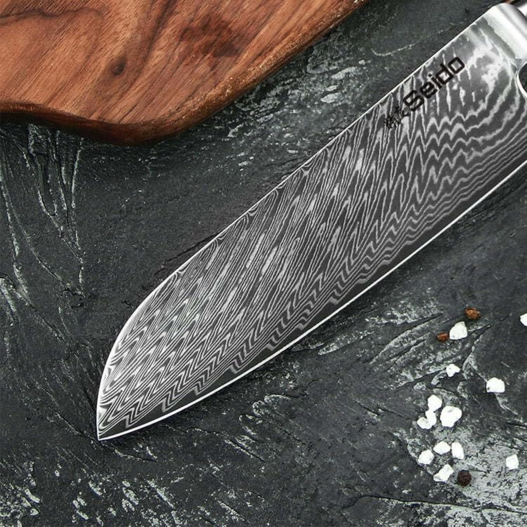 Seido Knives 7-Piece Executive Damascus Steel Knife Set with Japanese VG-10 Super Steel Core - Home Kitchen Knife Set - Professional Design Handle Blue Resin Epoxy and Strong Stabilized Wood