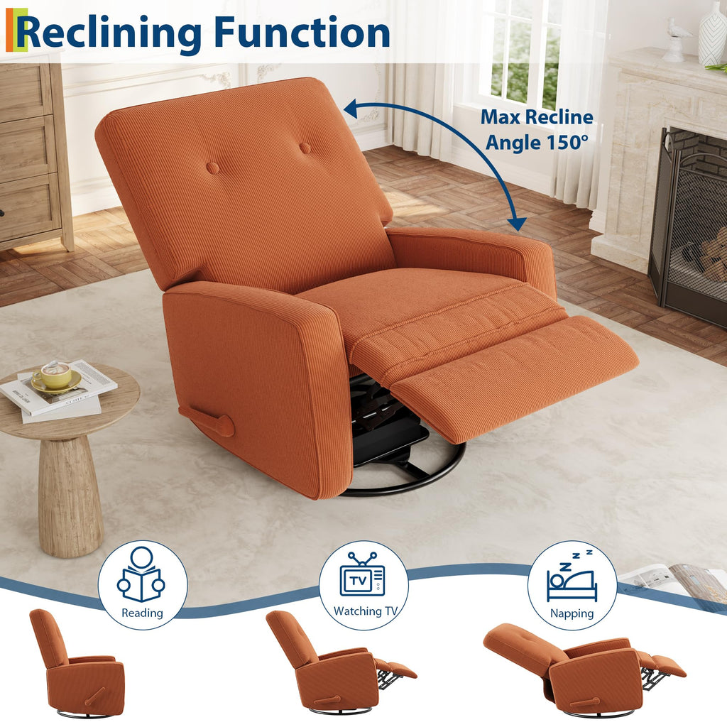 GarveeHome Recliner Chairs, Swivel Rocker Recliner, Glider Recliner Nursery Chair for Adults, 360° Swivel Glider Rocking Chair for Living Room, Bedroom, Office, RV, Small Spaces, Corduroy, Orange