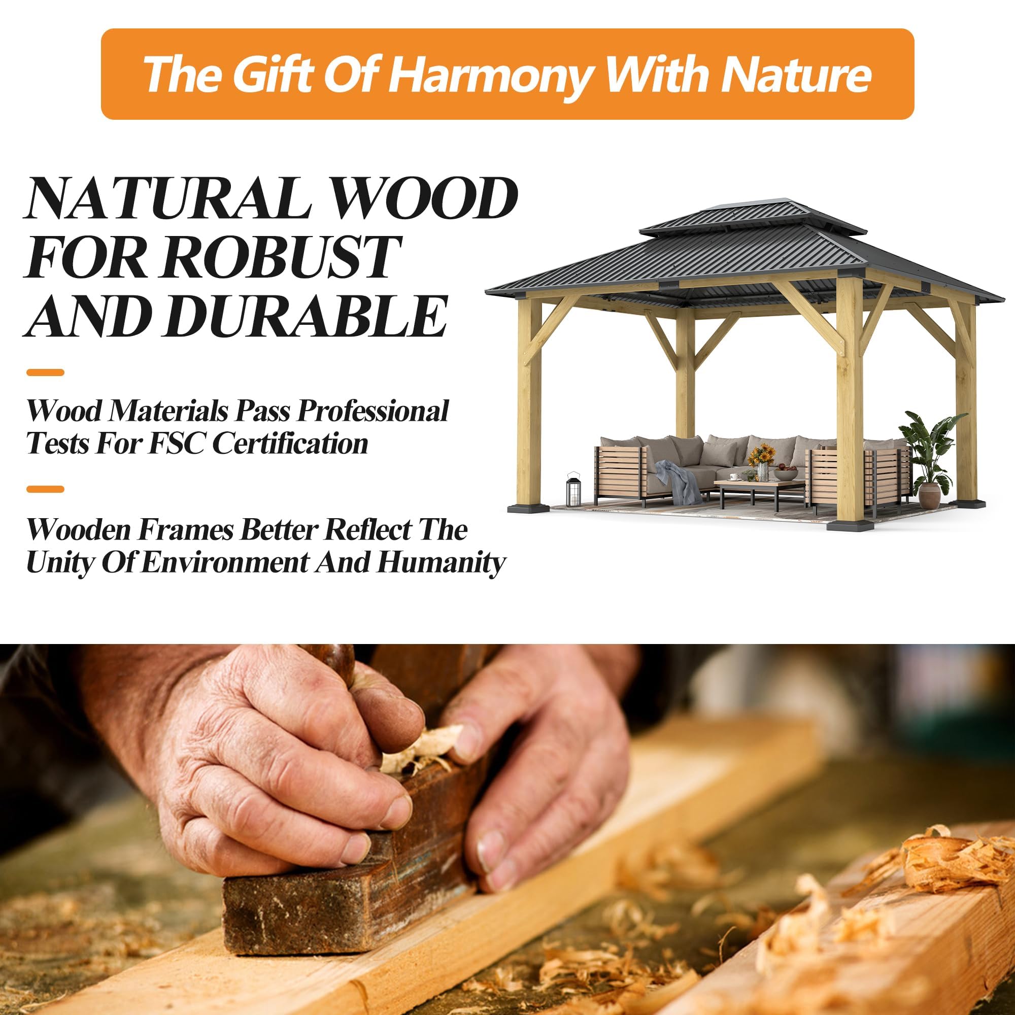 GARTOO 10' x 12' Outdoor Wooden Gazebo - Patio Hardtop Gazebo Permanent Wooden Pavilion with Galvanized Steel Double Roof, Wood Gazebos for Garden, Lawn, Poolside, Backyard Deck