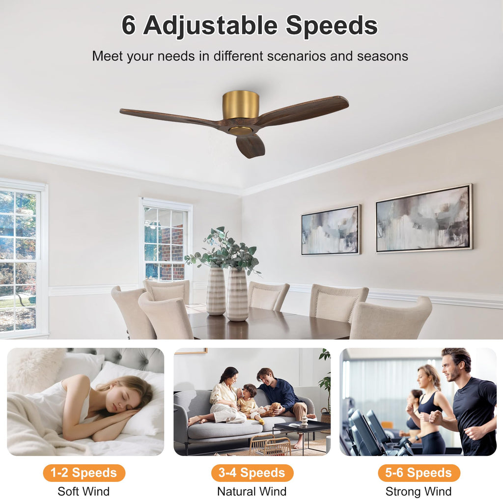 WINGBO 48" Flush Mount Ceiling Fan No Light - 3 Carved Solid Wood Blades, 6-Speed Reversible DC Motor, Dimmable, 3CCT, Low Profile Ceiling Fans without Lights for Bedroom Living Room, Gold and Walnut