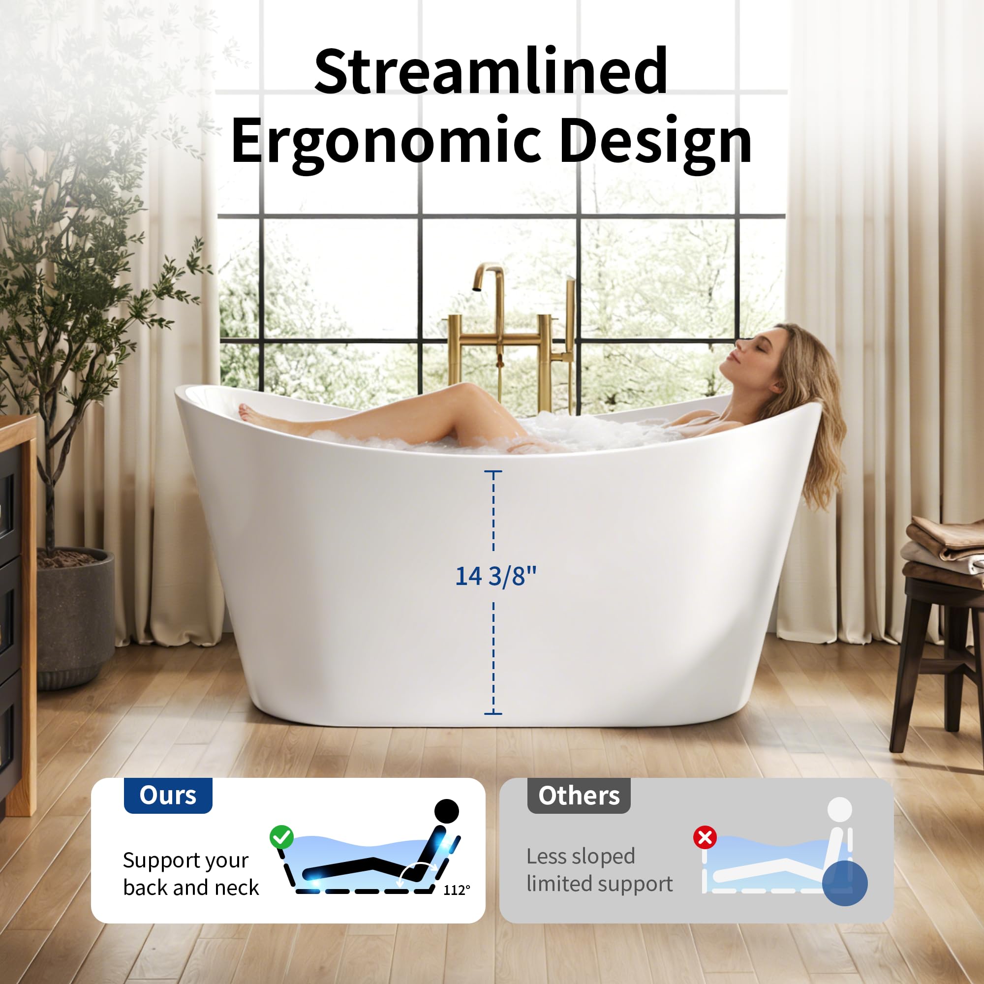DeerValley 59" Free Standing Bathtub, Acrylic Soaking Tub with Center Drain & Integrated Overflow, Modern Standalone Shower Tub White, Deep Soaker, Ergonomic Design, DV-1T151S
