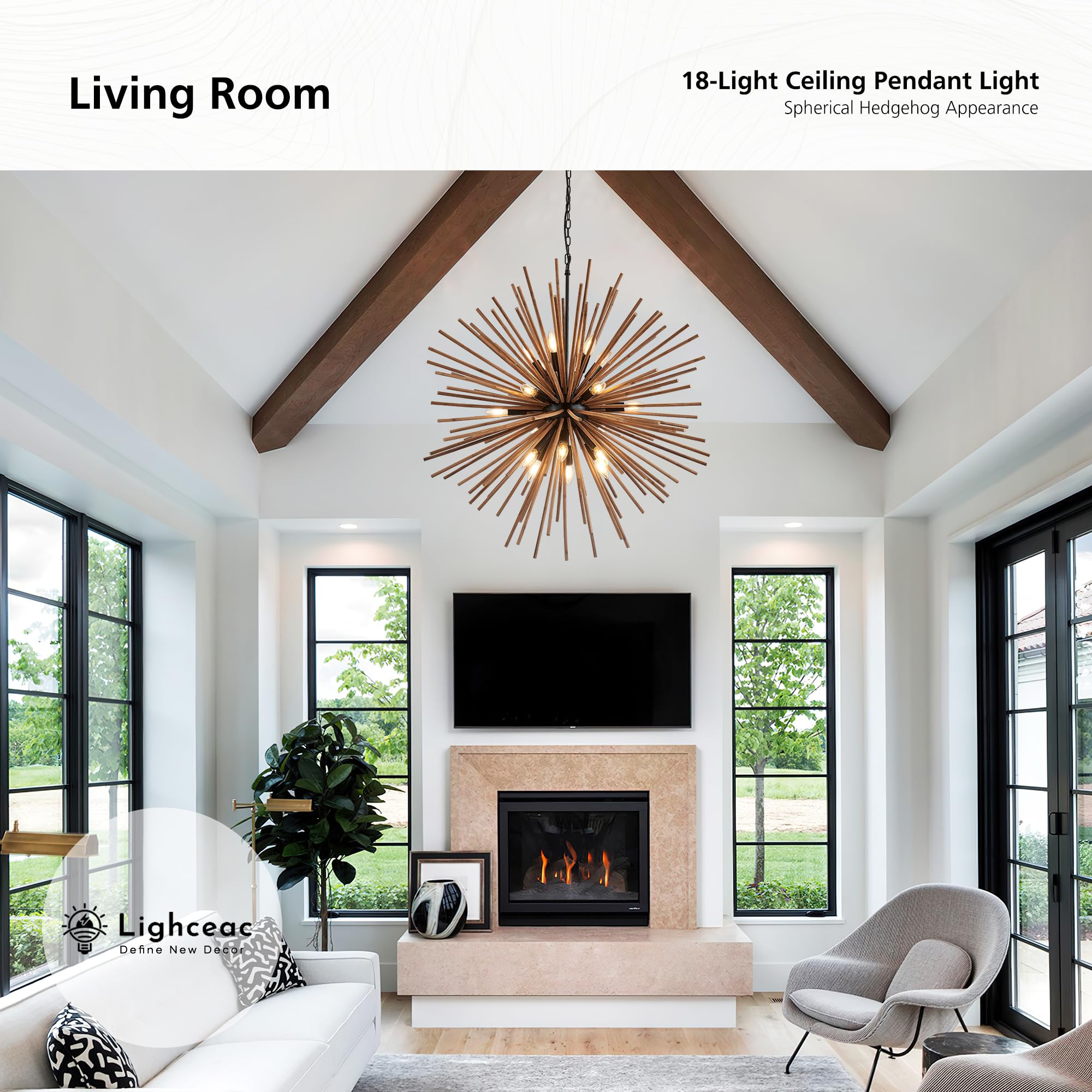 lighceac 37.4" Farmhouse Sputnik Chandelier for Dining Room Rustic Handmade Natural Wood 18-Light Hanging Ceiling Pendant Light Fixture Starburst Wood Chandeliers for Kitchen Bedroom Foyer Hallway