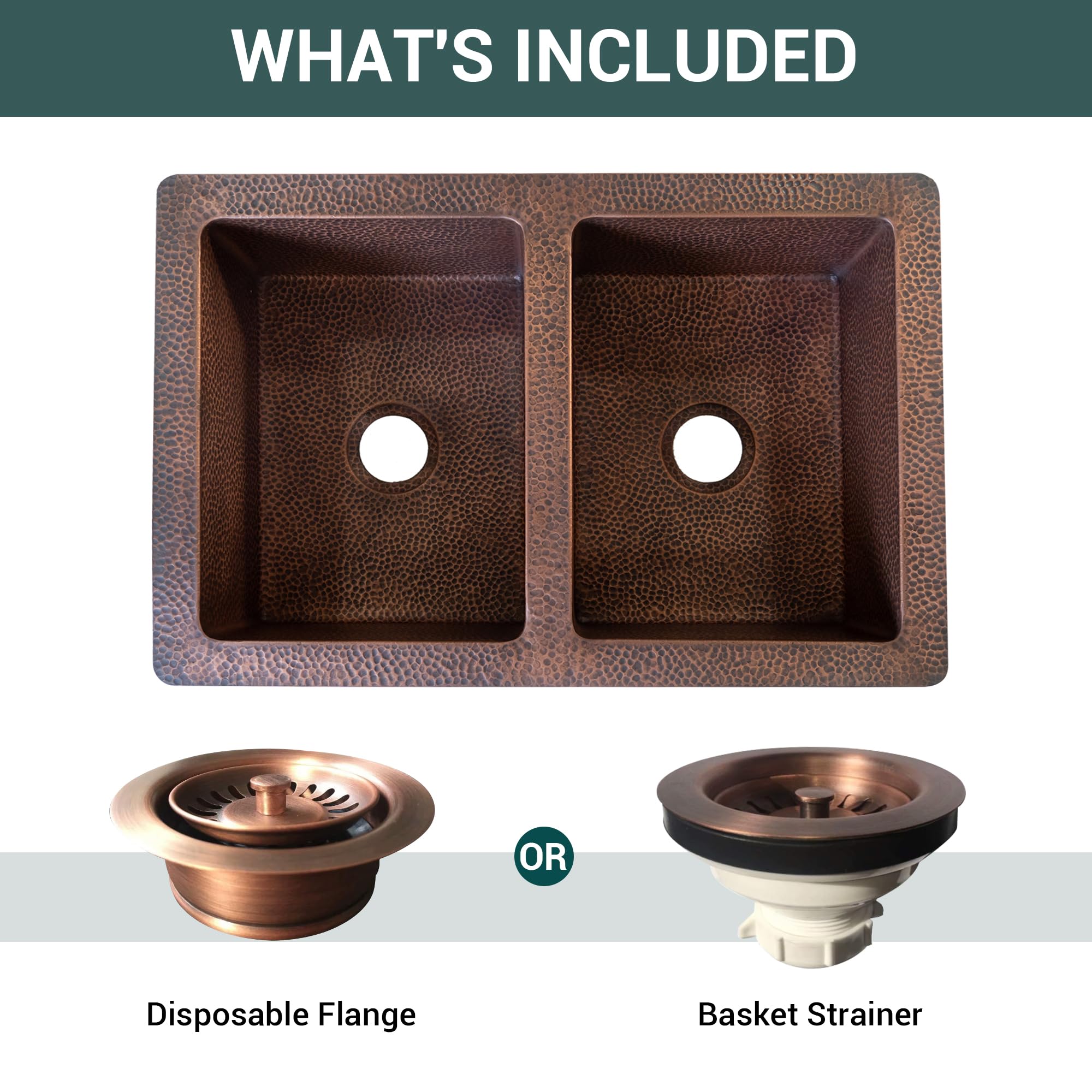 CT Copper Tailor 33" Copper Farmhouse Kitchen Sink 16 Gauge Thick, Hand-hammered Antique Copper 50/50 Double Bowl Sink,Strainer Included