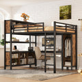 Ball & Cast Metal Loft Bed with Wardrobe and L-Shaped Desk,Queen Size Loft Bed with Storage Cubes and Shelves,Heavy Duty Loft Bed Frame for Kids Teens Adults,No Box Spring Need,Black+Brown