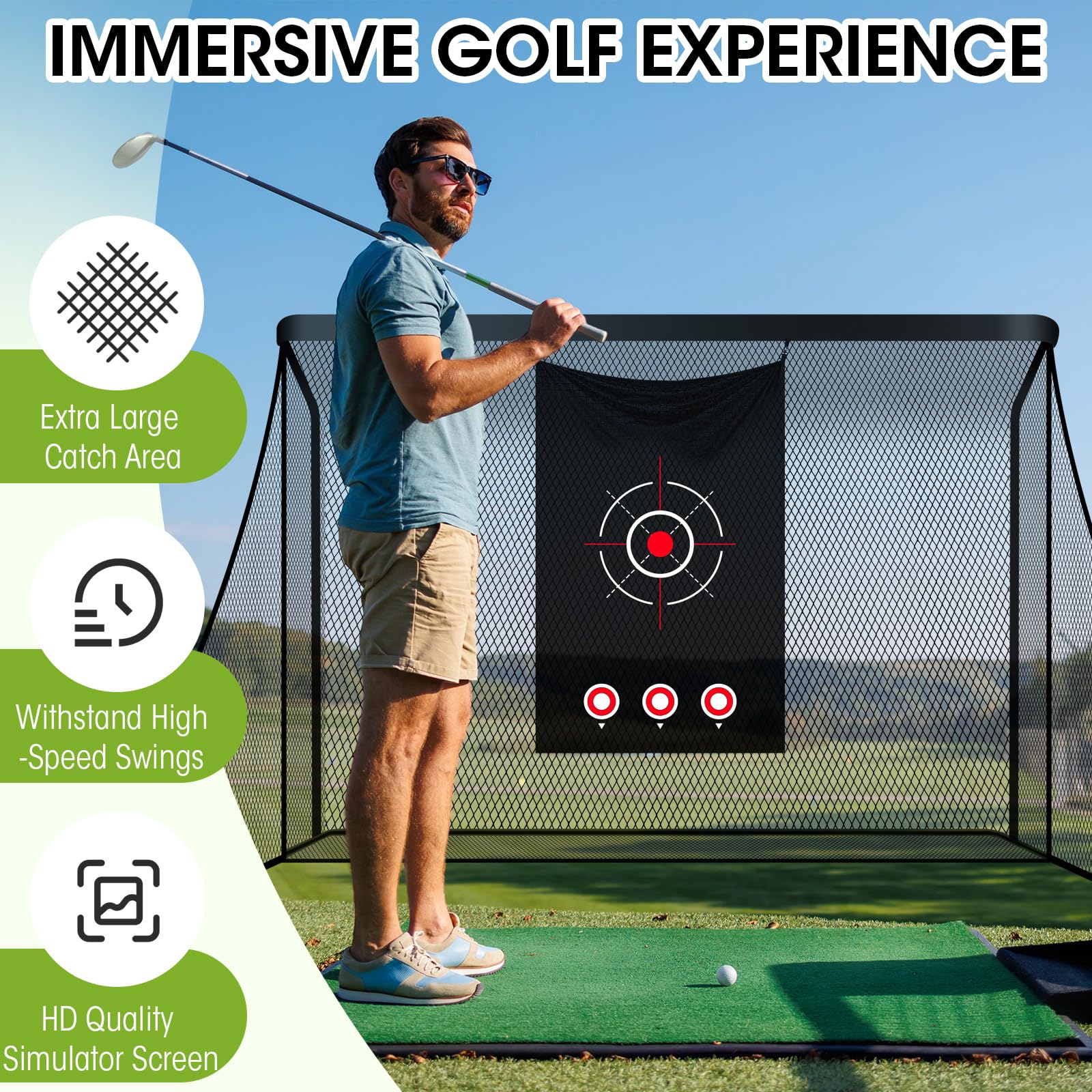 Silipull Golf Cage Net with Simulator Impact Screen Heavy Steel Frame with 2 Net Side Barriers HD Blank Impact Screen and Target Cloth Golf Simulators Enclosure for Home Indoor Outdoor(10 x 7 ft)