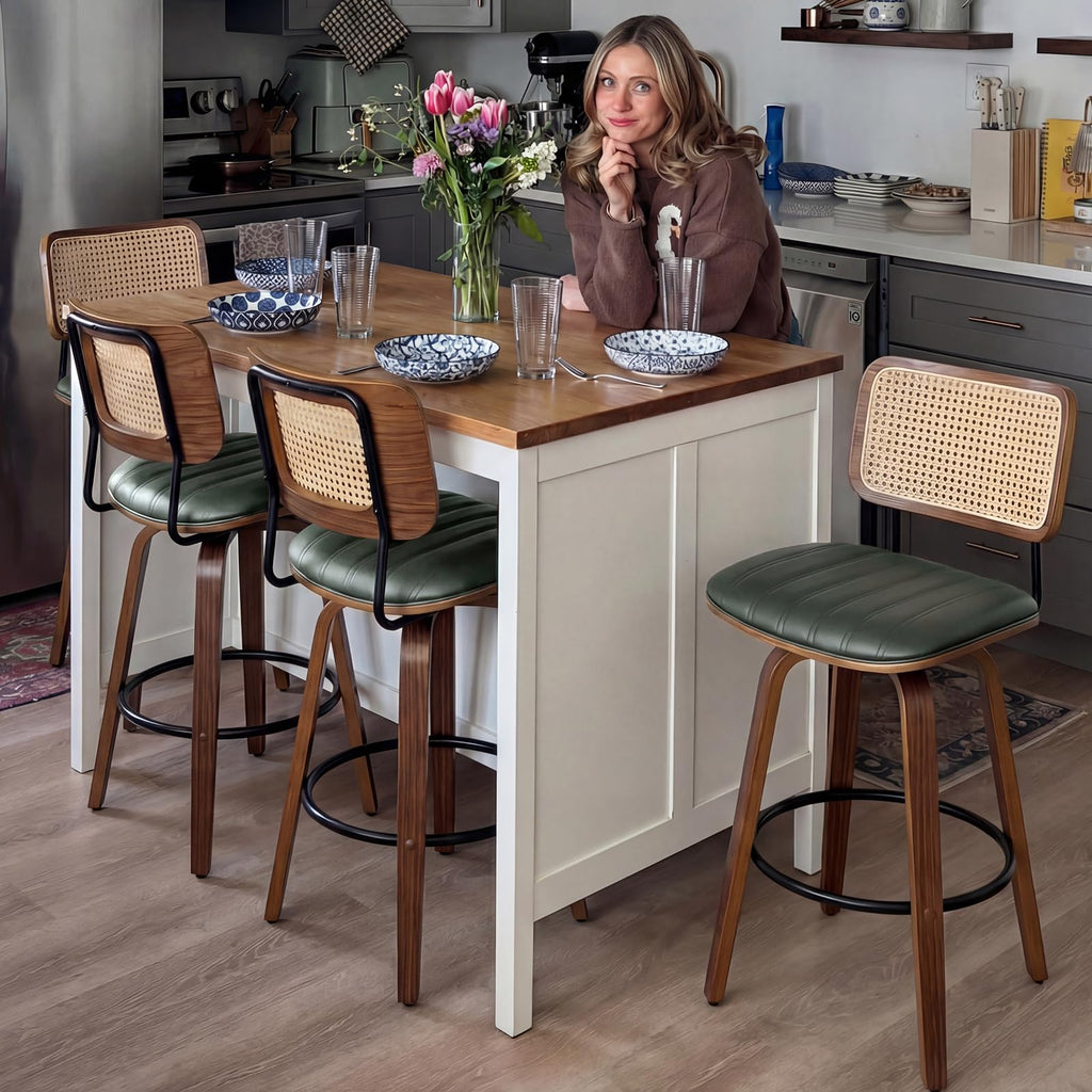 Set of 2 Swivel Bar Height Stools, 30.3 Inch Rattan Cane Back, Faux Leather Upholstered Seat, Solid Wood Frame with Walnut Finish, Metal Footrest, Mid Century Kitchen Island & Home Bar Stools, Green
