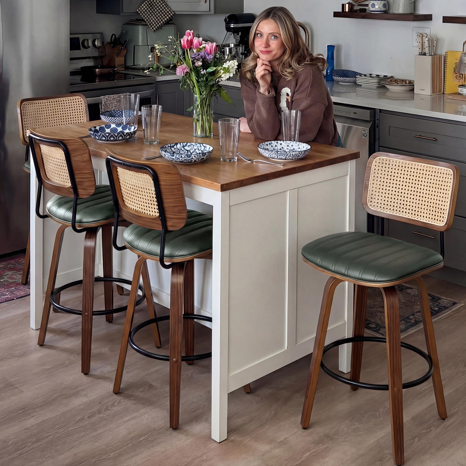 Set of 2 Swivel Bar Height Stools, 30.3 Inch Rattan Cane Back, Faux Leather Upholstered Seat, Solid Wood Frame with Walnut Finish, Metal Footrest, Mid Century Kitchen Island & Home Bar Stools, Green