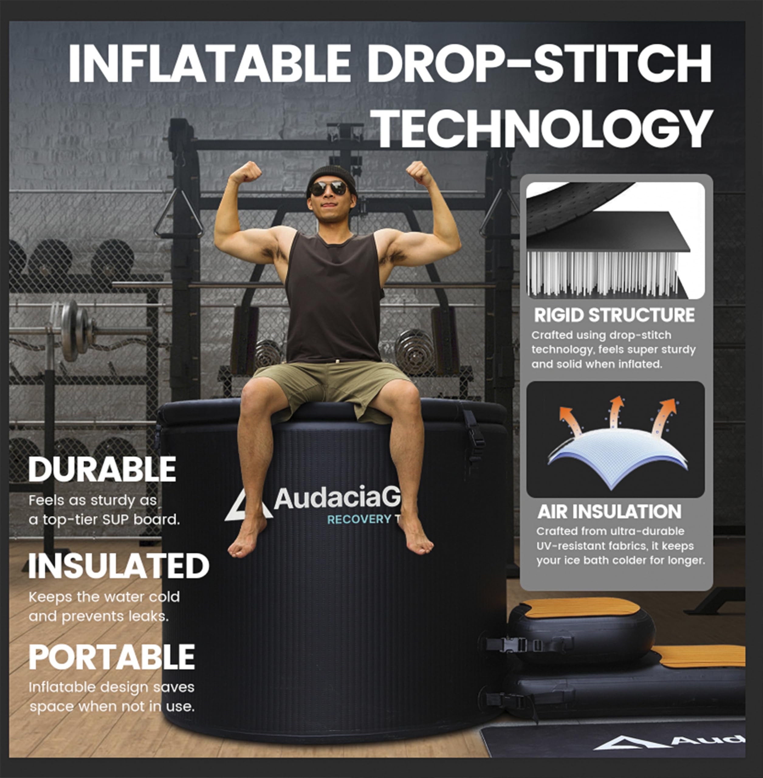 XXL Ice Bath Tub for Athletes, Compatible with Water Chillers, 186-Gallon Inflatable Cold Plunge Tub with Insulated Lid, Step, Thermometer, Water-Absorbent Mat, Portable for Outdoor & Indoor Recovery