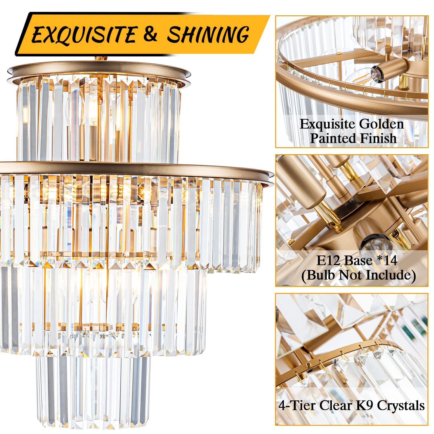 lighceac 23" 14-Light Modern Crystal Chandelier Light Fixtures 4-Tier Gold Luxury Chandeliers for Dining Room Round Hanging Pendant Lighting for Living Room Kitchen Entryway Bedroom Foyer Hallway