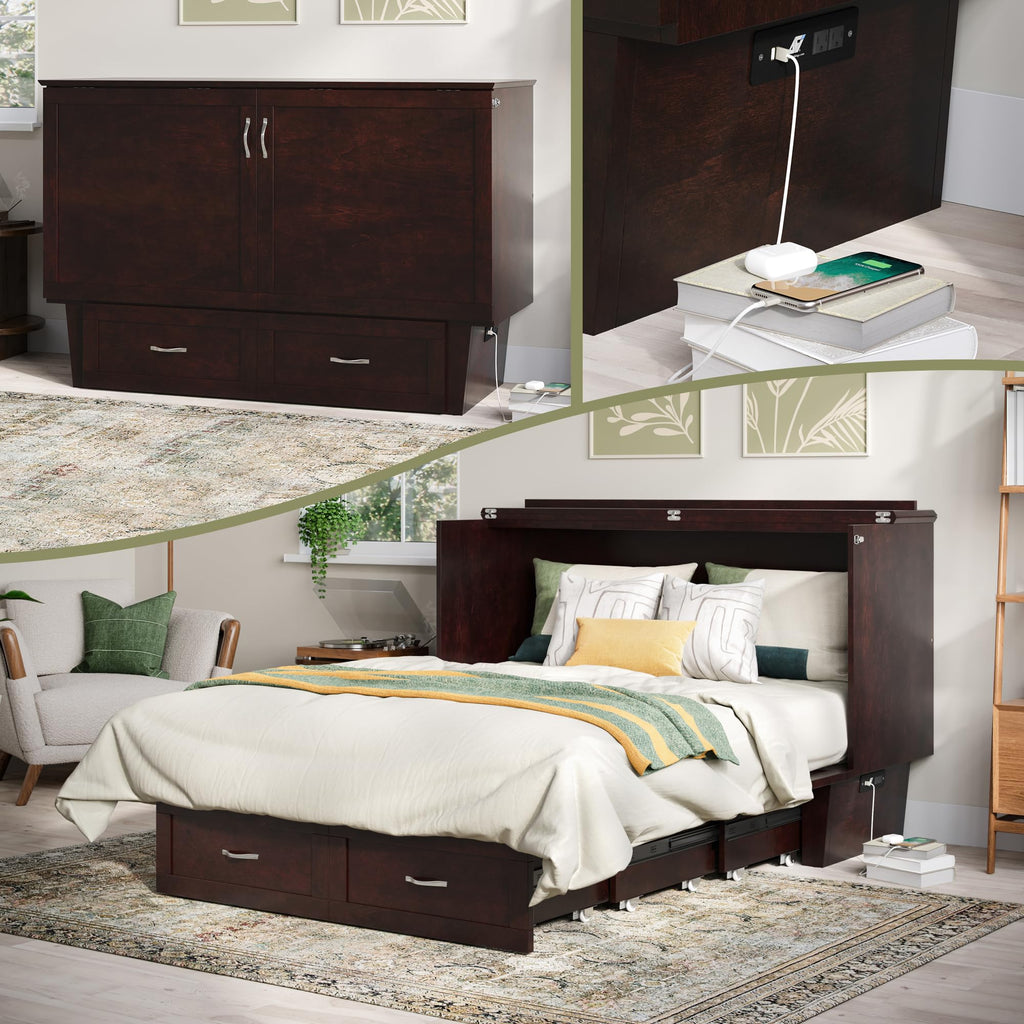 AFI, Chelsea Mid-Century Modern Queen Solid Wood Murphy Bed Chest with 6" Mattress, Storage Drawer & Built-in USB Charger, Espresso