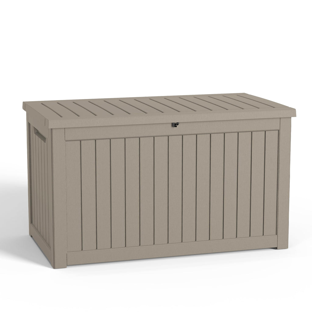DRATO 280 Gallon Deck Boxes Outdoor Waterproof, Resin Large Lockable Storage Box with Lid, Outdoor Storage Bench Patio Cushions Furniture, Garden Tools, Pool Accessories (Grey, 280 Gallon)