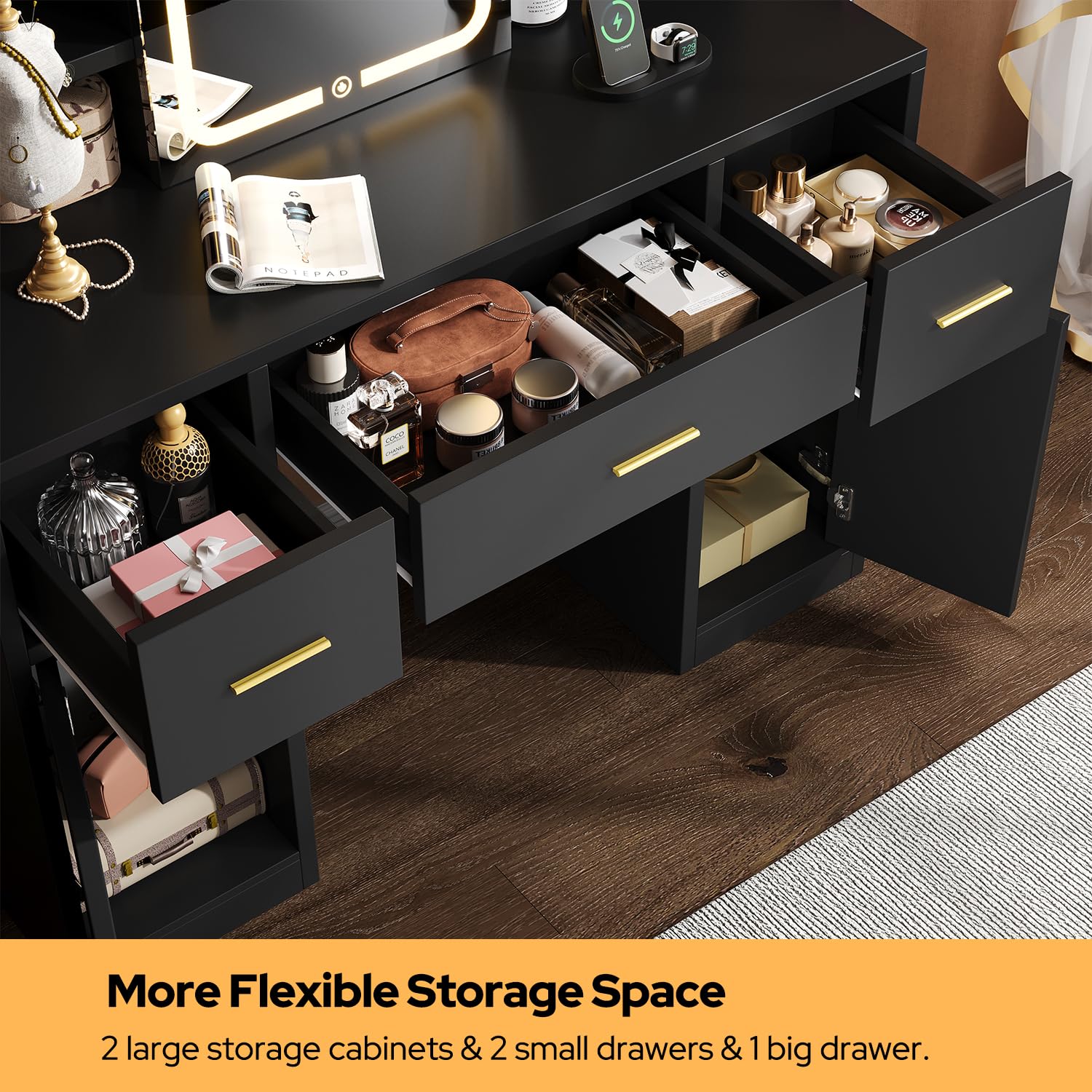 knoworld Vanity Desk with Sliding Mirror & LED Lights, Smart Makeup Table with Charging Station, Hairdryer Holder, 7 Shelves, 3 Drawers, 2 Cabinets, Vanity with Extra Hidden Stroage for Bedroom,Black