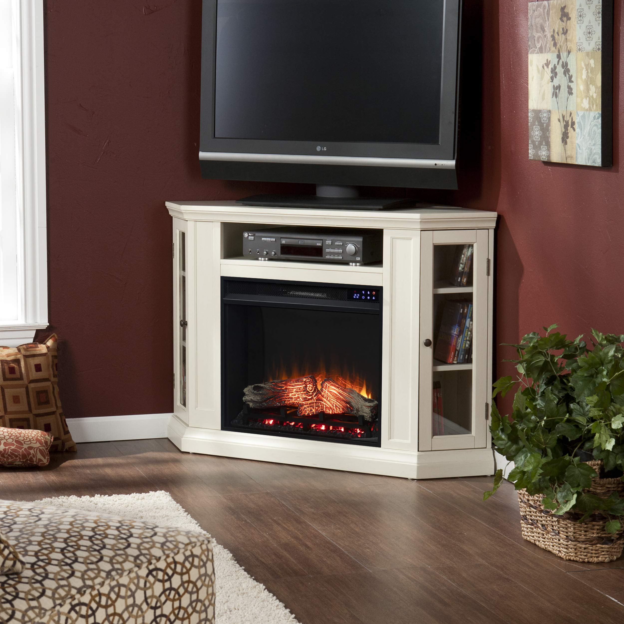 SEI Furniture Claremont Corner Convertible Electric Fireplace with Storage, New Ivory