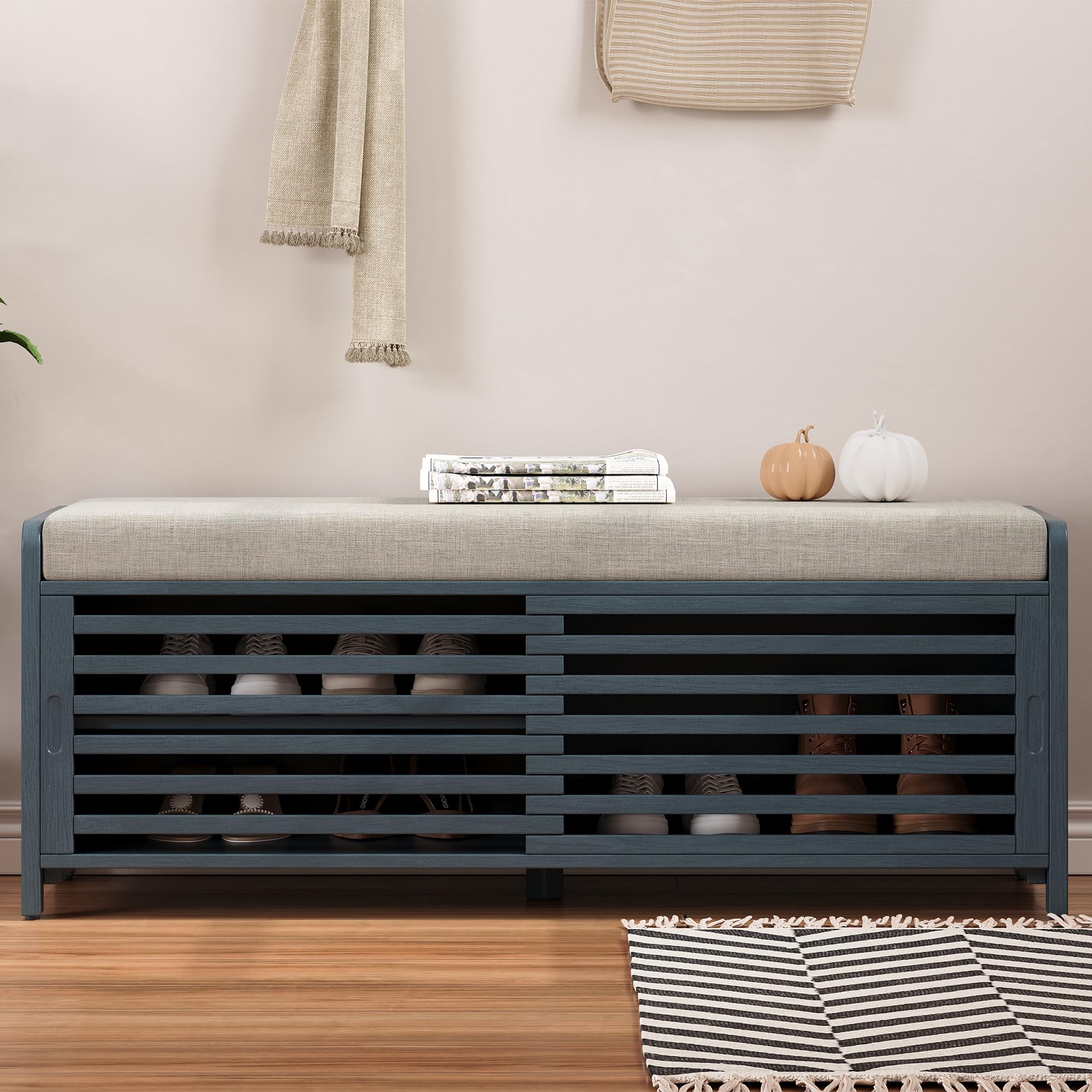 Ball & Cast Entryway Storage Bench with Shutter Doors, 43.3" Wooden Shoes Organizer, Modern Movable Upholstered Seat Entryway Shoe Rack Cabinet for Hallway Living Room, Navy Blue