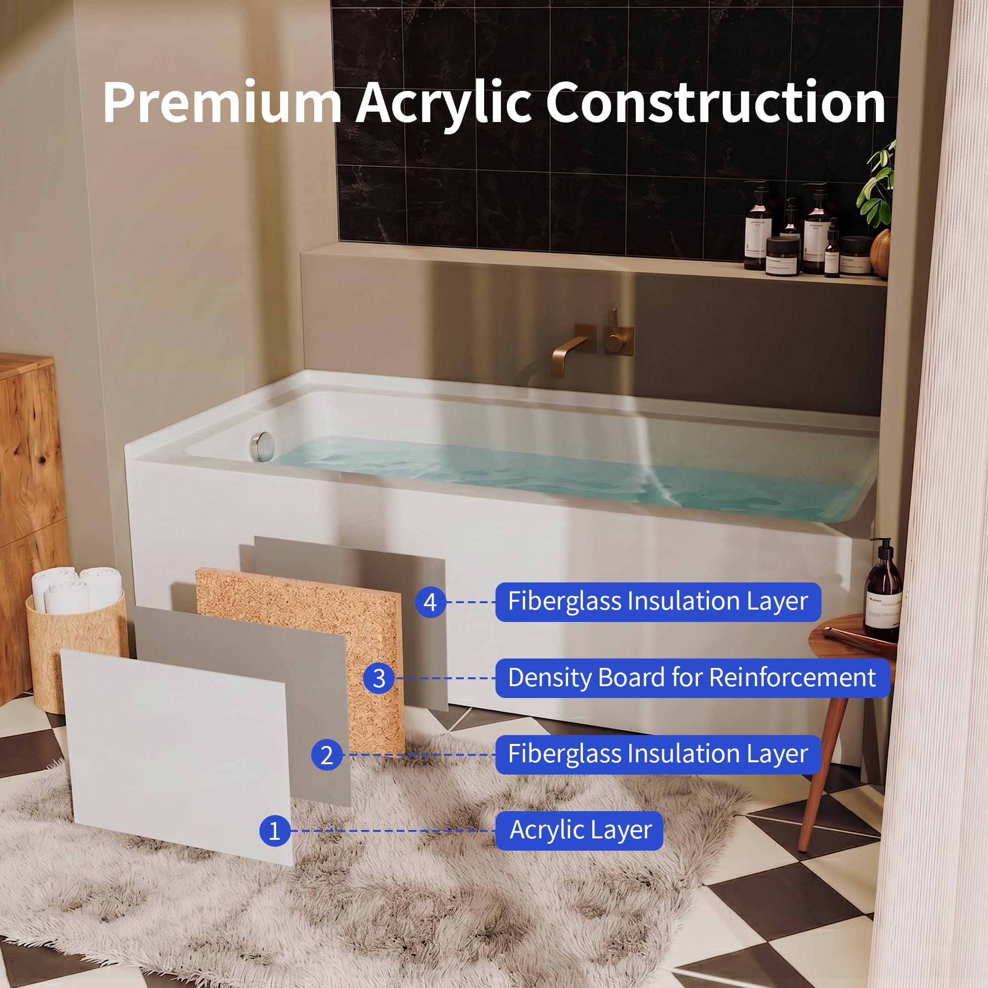 DeerValley 60" x 30" Alcove Acrylic Bathtub, Left Drain Integrated Apron Soaking Bath Tub, Ergonomic Deep Soak Tub with Pop-Up Drain and Integrated Overflow System, White, DV-1T0195L