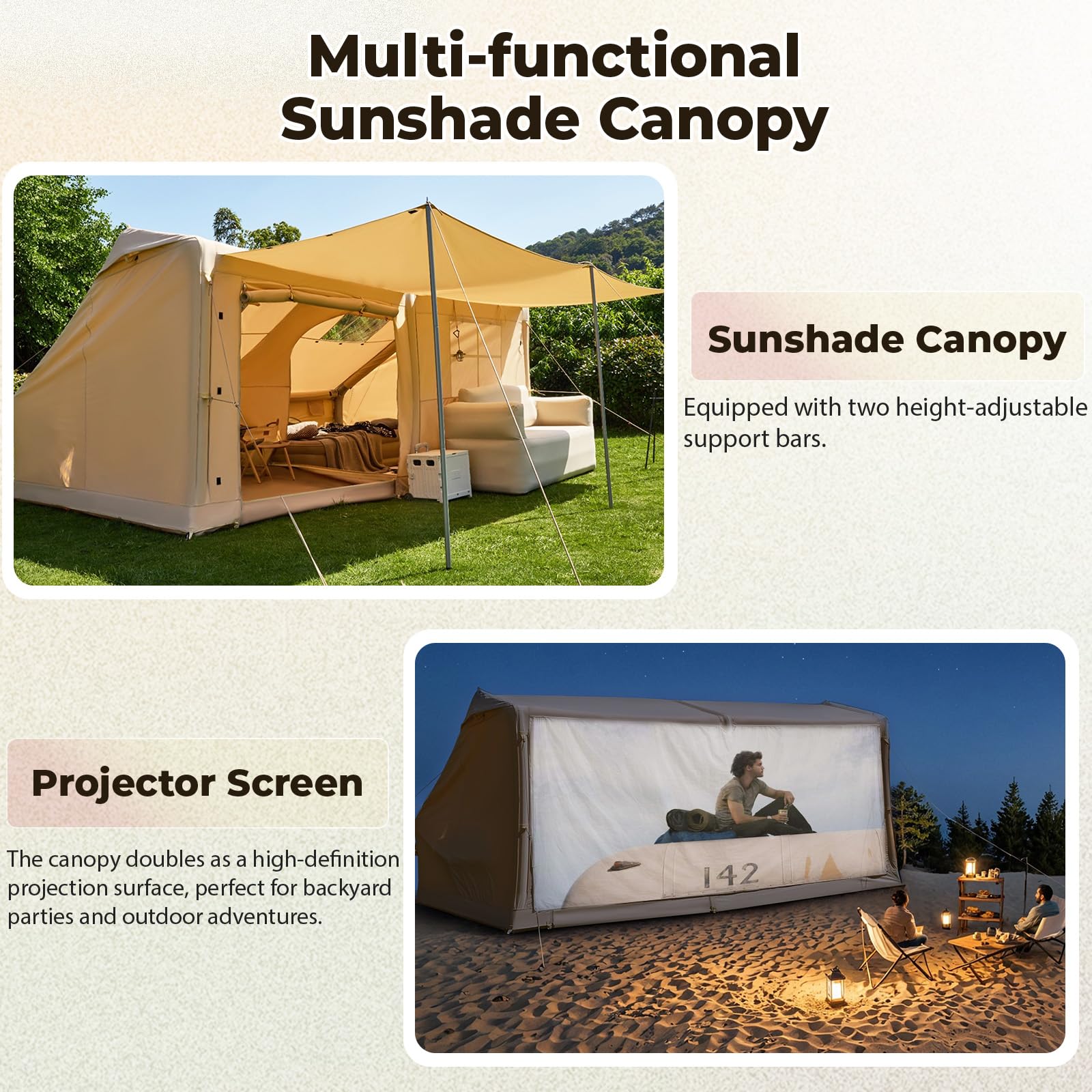 YOLENY Inflatable Tents for 8-10 People, 600D Oxford Blow up Tent with Extended Canopy, Easy Set-up Waterproof Glamping Cabin for 8-10 People