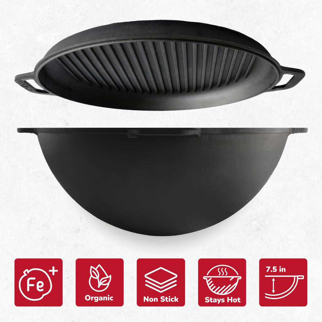 Camping Dutch Oven Pot with Grill Lid Brizoll 15.85 Quarts (15 L) - Cast Iron Cookware Set - Kazan for Plov - Uzbek Kazan Cast Iron - Premium Camping Cookware - Asian Cauldron - Dutch Oven With Frying Pan Lid