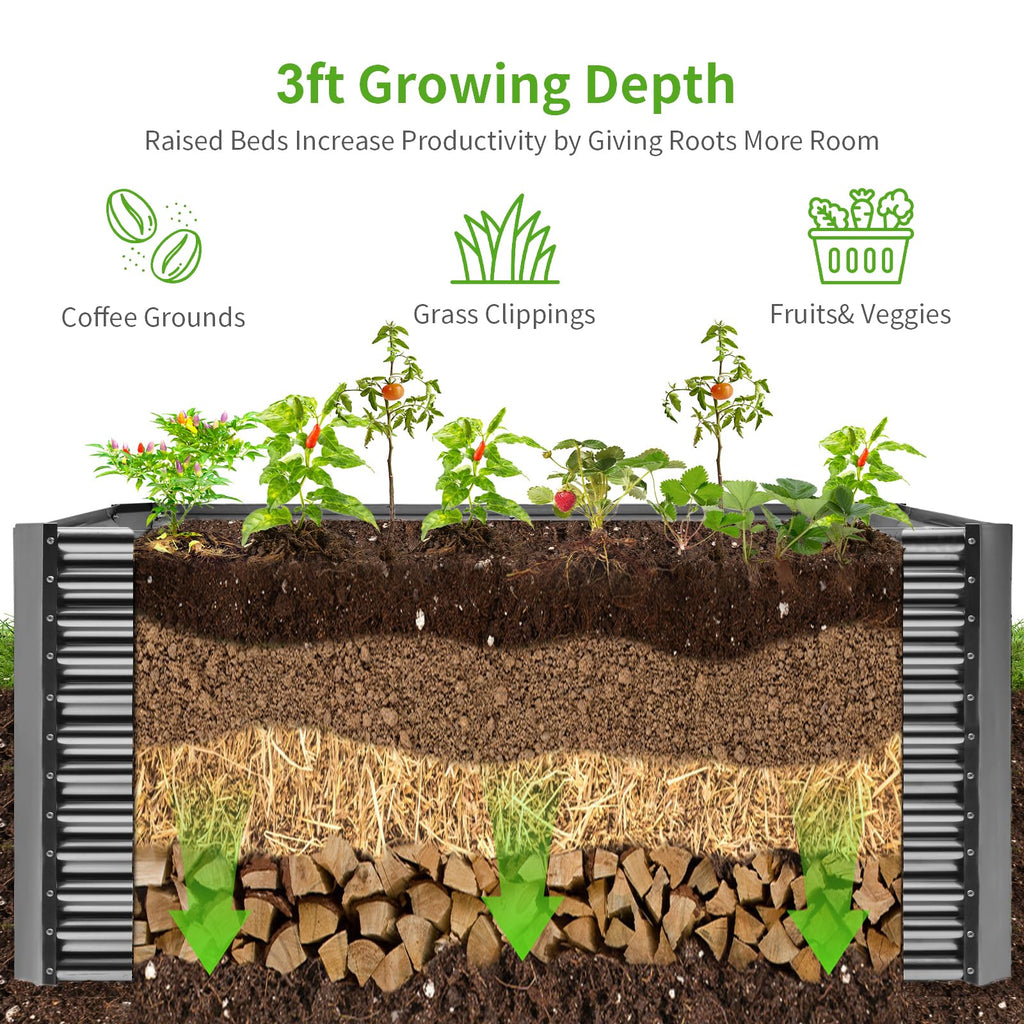 Land Guard 8x4x3ft Rectangular Galvanized Raised Garden Beds, Large-Capacity Metal Planter Box Outdoor, Durable Deep Raised Garden Bed 3ft Tall, Raised Beds for Gardening Vegetables, Modern Gray