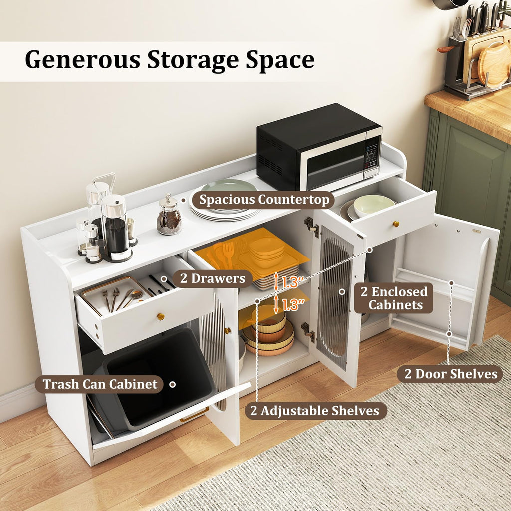 Giantex 55" Farmhouse Buffet Cabinet, Large Credenza w/Hidden Tilt Out Trash Can, 2 Glass Doors, 2 Drawers & Adjustable Shelves, Modern Sideboard Coffee Bar Cabinet for Kitchen, Dining Room (White)