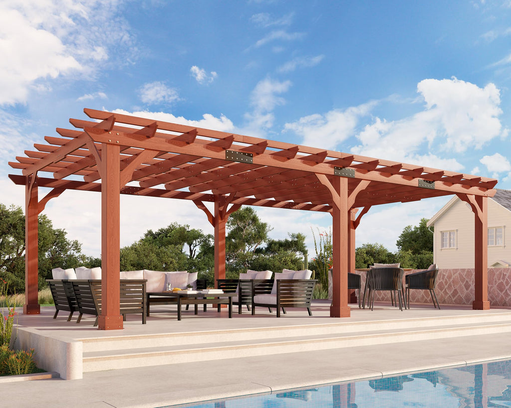 Jocisland 12x24 FT Premium Cedar Wood Pergola with Trellis Roof & Weather-Resistant Support, Outdoor Pergola Kit with Stakes, Garden Gazebo for Patio, Backyard & Events, Reddish-Brown