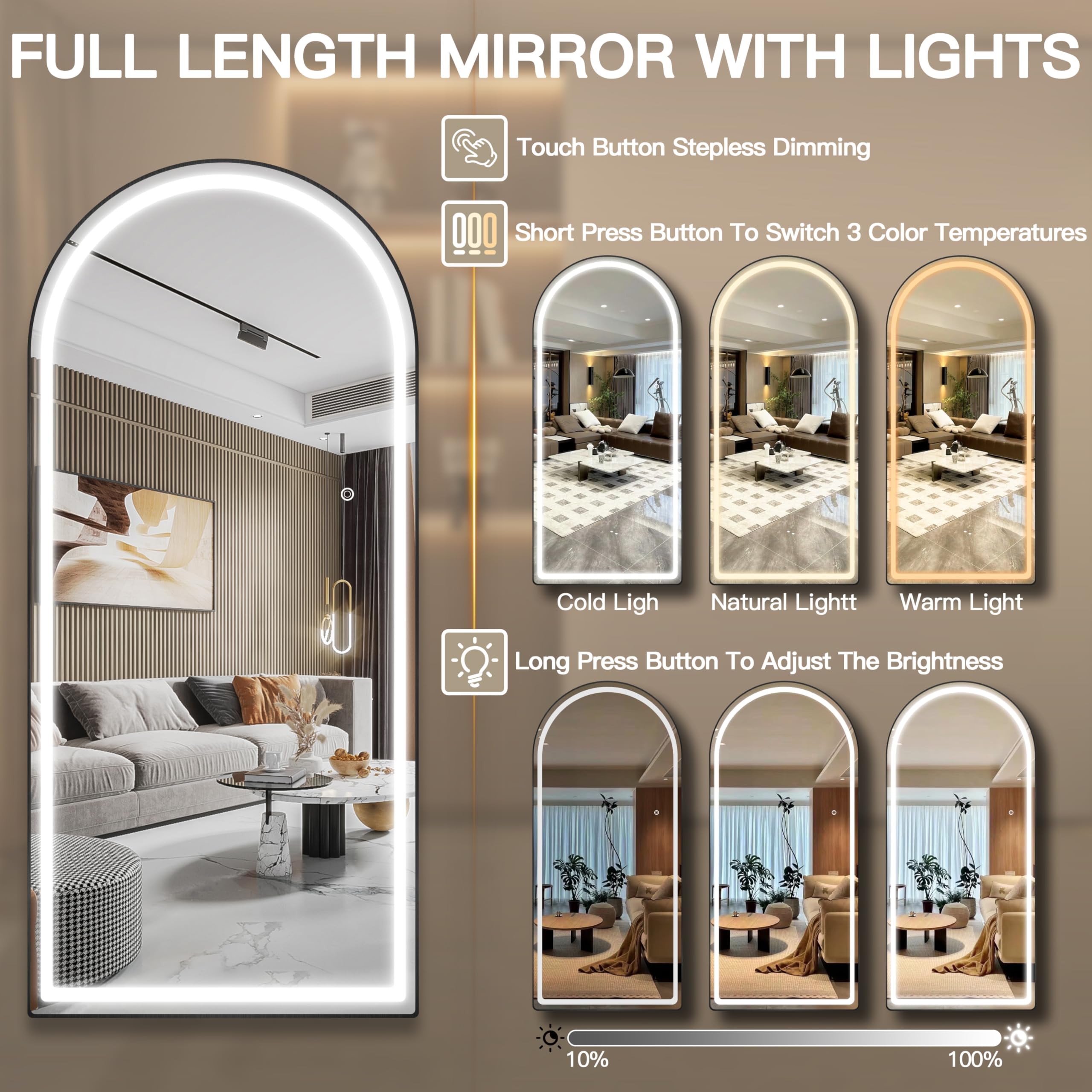 FENNIO Modern Arched Black 70" x 32" LED Full Body Wall Mounted Mirror with Lights for Bedroom, Salon, 3 Color Lighting, Tempered Glass, Brushed Aluminum Frame