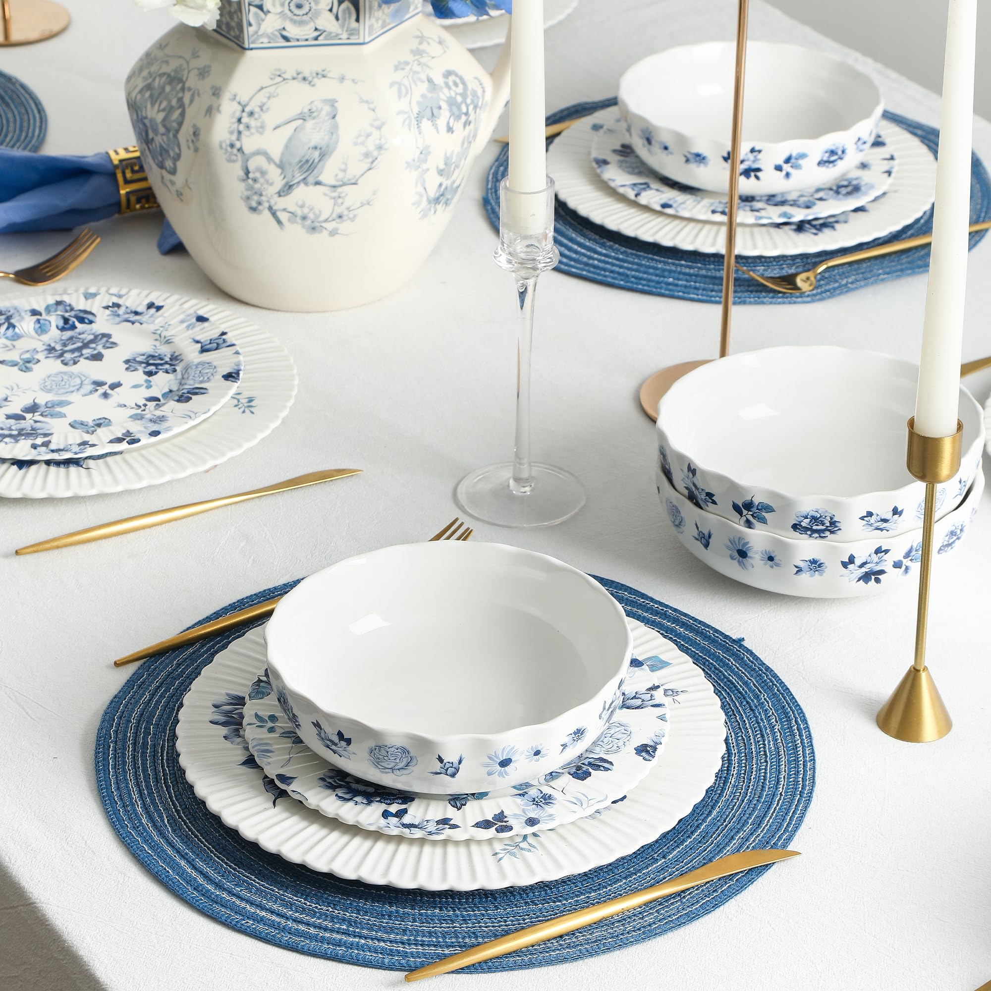 Stone Lain Fiore 24-Piece Dinnerware Set New Bone China, Blue
