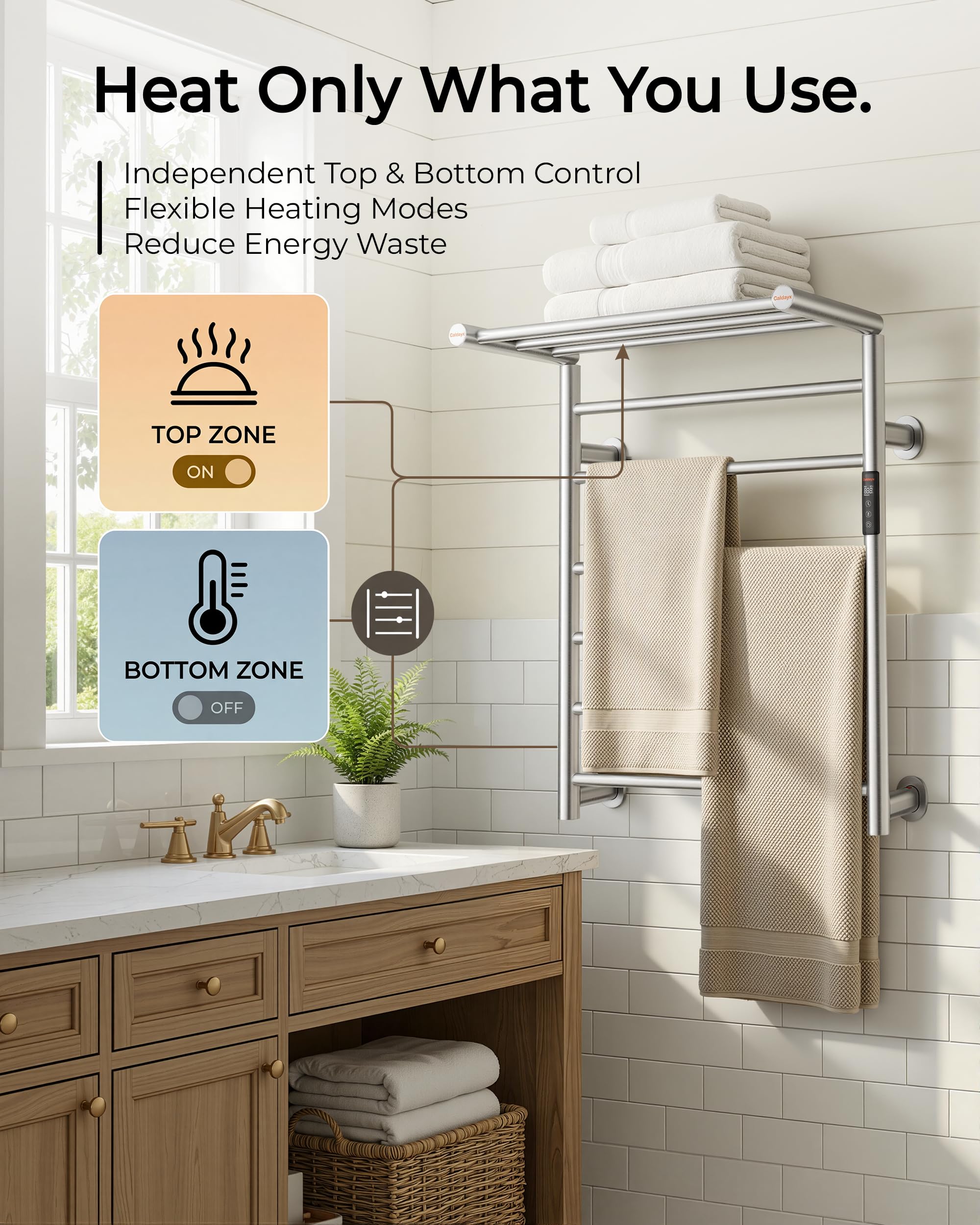 Caldayx Foldable Heated Towel Rack, Smart Dual-Zone App & Voice Control Electric Towel Warmer Rack, GFCI Plug-in/Hardwired, Wall-Mounted, Drill-Free Install, Brushed, CA3-900X550-Pro-S
