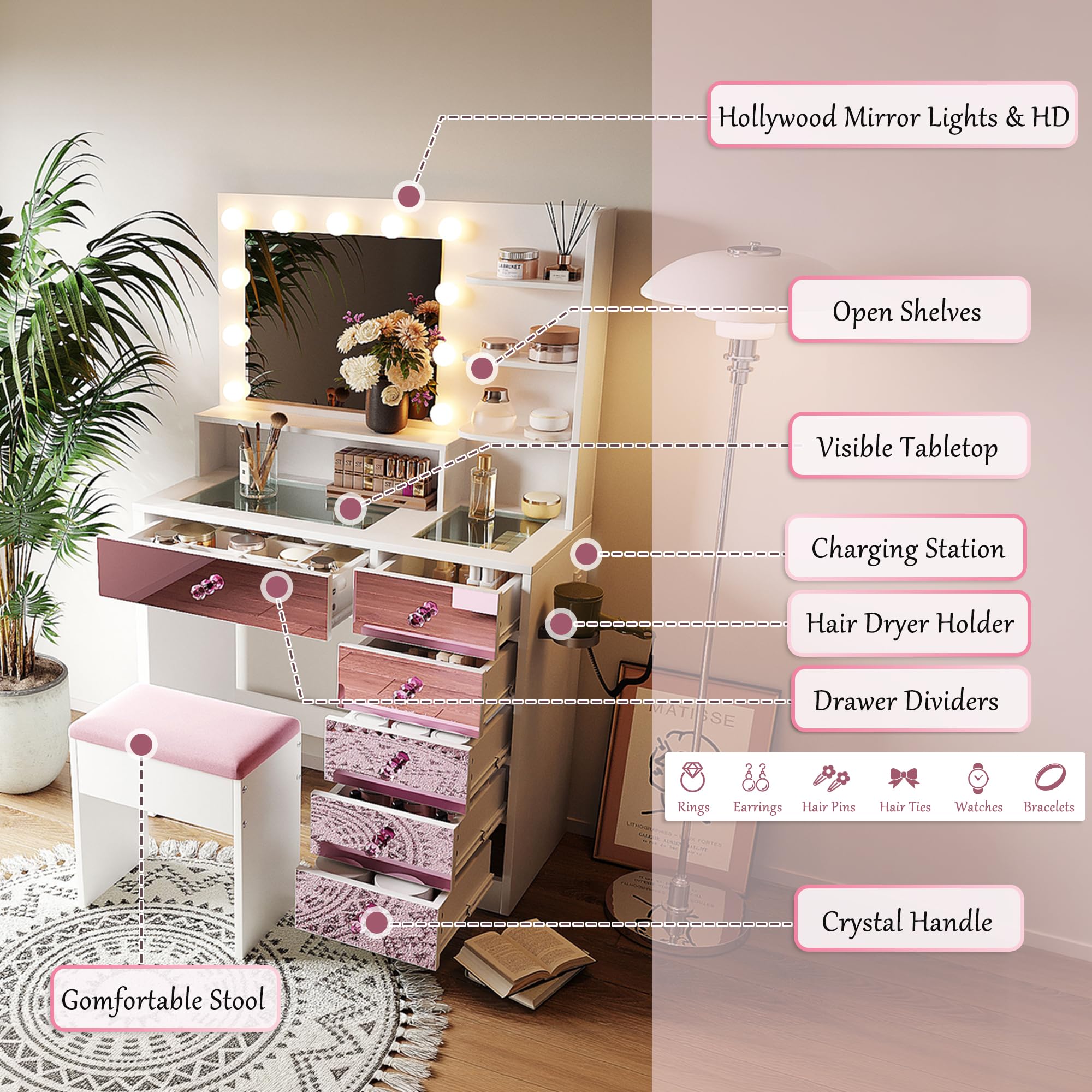 Merax Vanity Desk with Mirror and Lights, Pink Makeup Vanity Set with 9 LED Bulbs and Power Outlet, 6 Storage Drawer & Shelves, Dressing Table Set with Pink Vanity Stool for Girls & Women