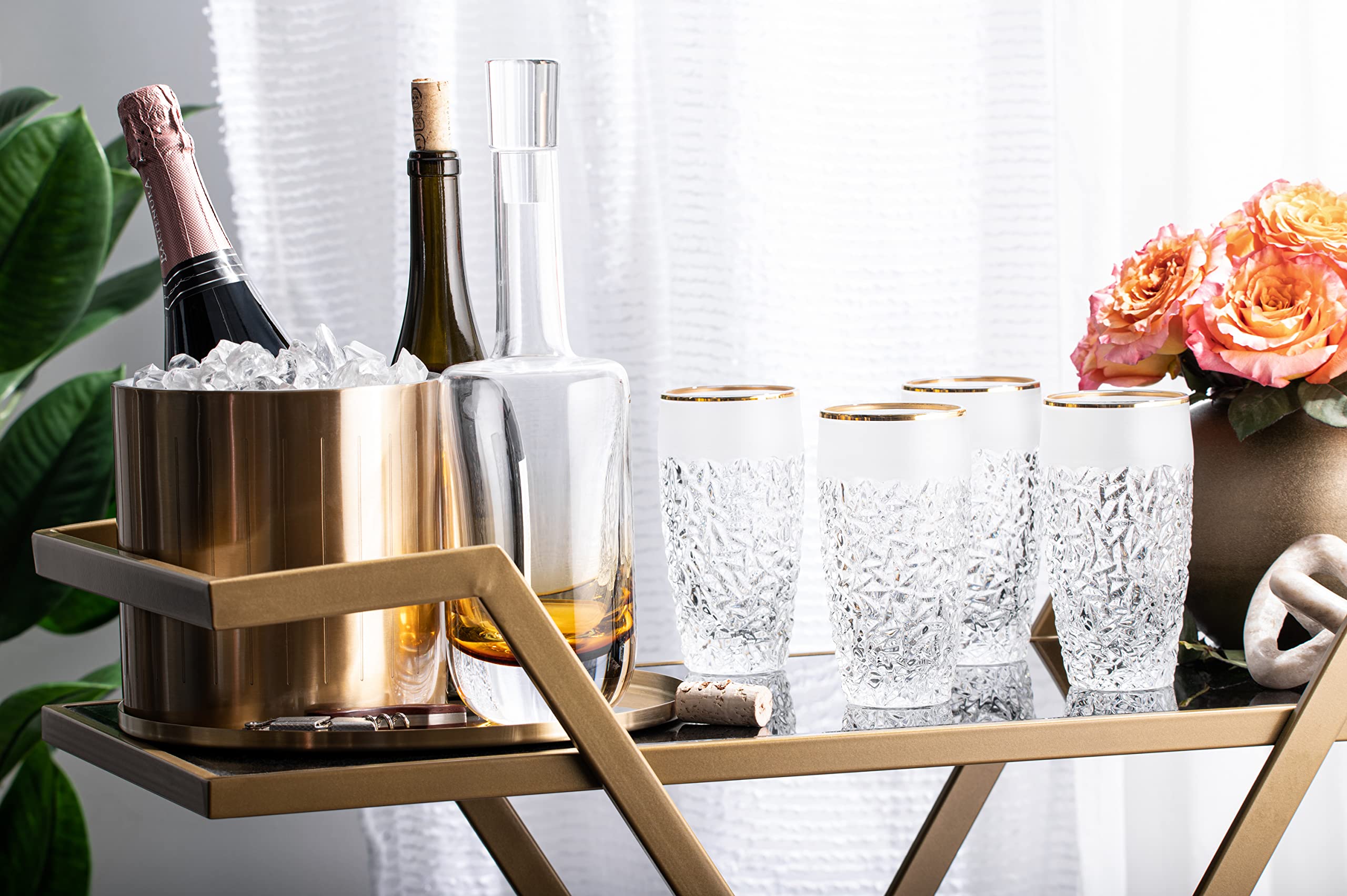 Barski - European Quality Glass - Crystal - Set of 6 - Highball - Hiball Tumblers - 16 oz. - Raindrop Design with Frosted Border and Gold Rim on Tumbler - Glasses are Made in Europe