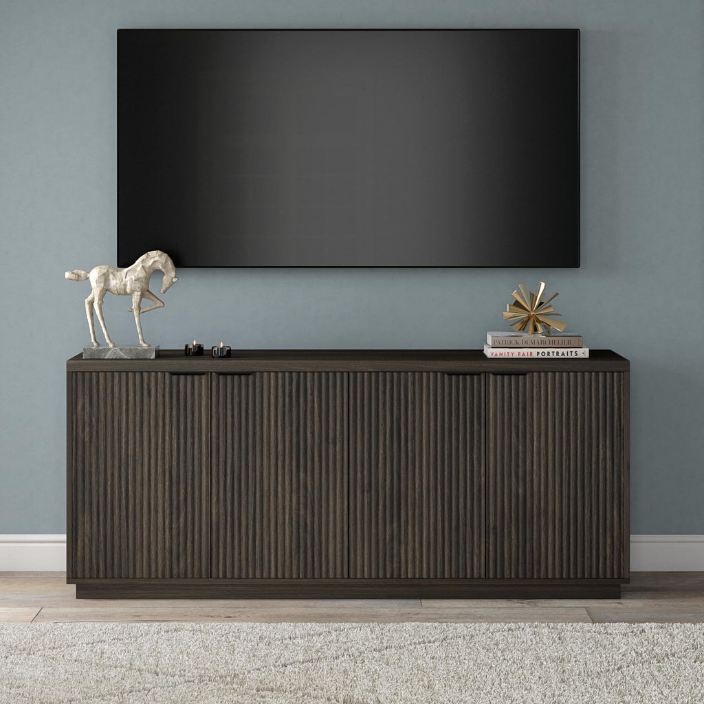 Henn&Hart 68" Fluted Sideboard Buffet Cabinet, Ribbed Wooden Credenza with 4 Doors, Adjustable Shelves, and Cable Management Cut-Outs for Dining Room, Kitchen, Living Room or Entryway, Rich Brown